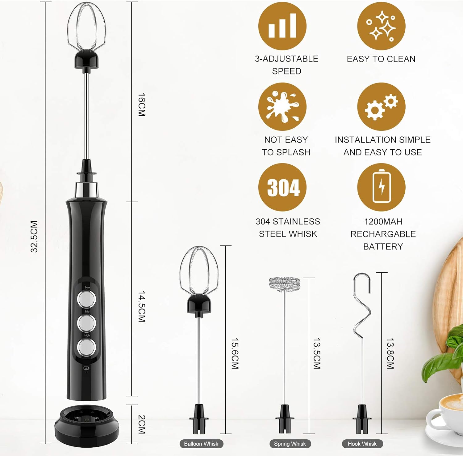 Milk Frother Handheld Electric Foam Maker USB Rechargeable Coffee Frother with 3 Stainless whisks, 3 Speed Adjustable Mini Blender for Coffee, Latte, Cappuccino, Egg Whisks, Hot Chocolate (Black): Home & Kitchen