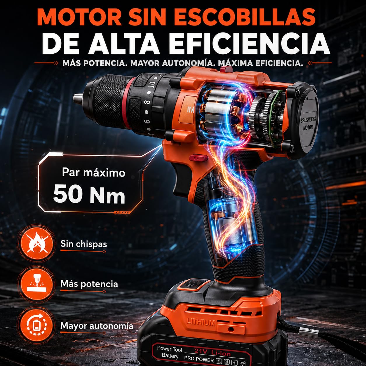 Taladro Percutor a Batería 21V, Taladro Atornillador Sin Escobillas 45-50 Nm con 2 Baterías 1,5Ah, Portabrocas 10 mm, 20+1 Ajustes, 24 Brocas, Luz LED y Maletín, para Hogar y Bricolaje