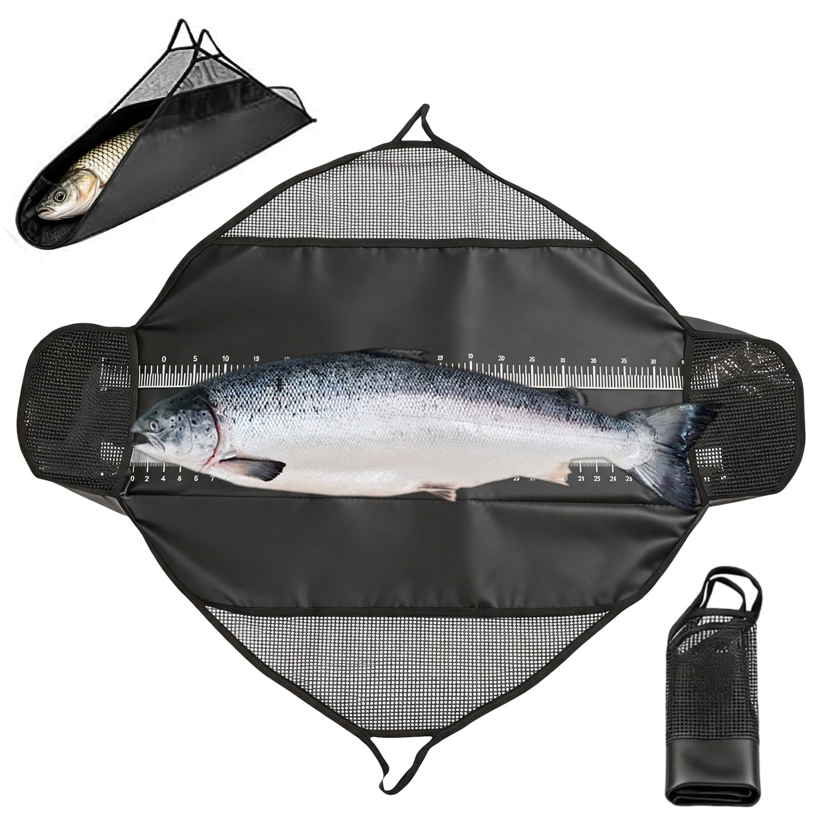 Abhakmatte Angeln mit Maßband 120x65cm, Abhakmatte Raubfisch mit Griffen für Transport & Waage, Leicht zusammenrollbar & wasserdicht, Kantenschutz für Raubfische