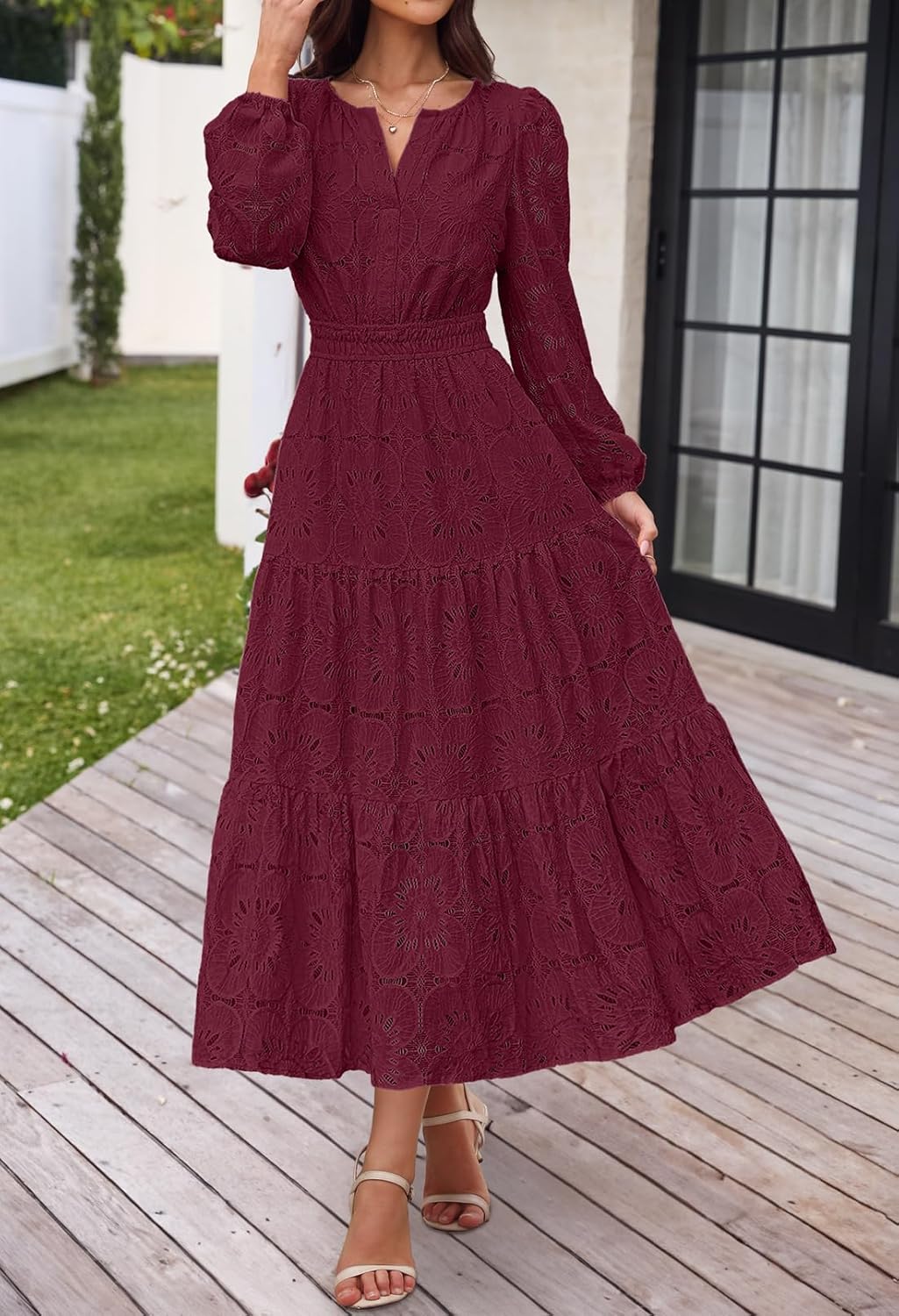 MEROKEETY Women's Fall Long Sleeve Floral Maxi Dress Lace Eyelet Hollow Out Tiered Boho Wedding Guest Dresses Pockets - Image 2