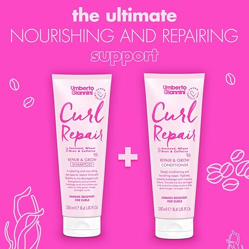 Miniatura 5 de Umberto Giannini Curl Repair Shampoo + Acondicionador, Vegano & Cruelty Free Repair & Growth Formula con algas marinas, salvado de trigo y cafeína,
