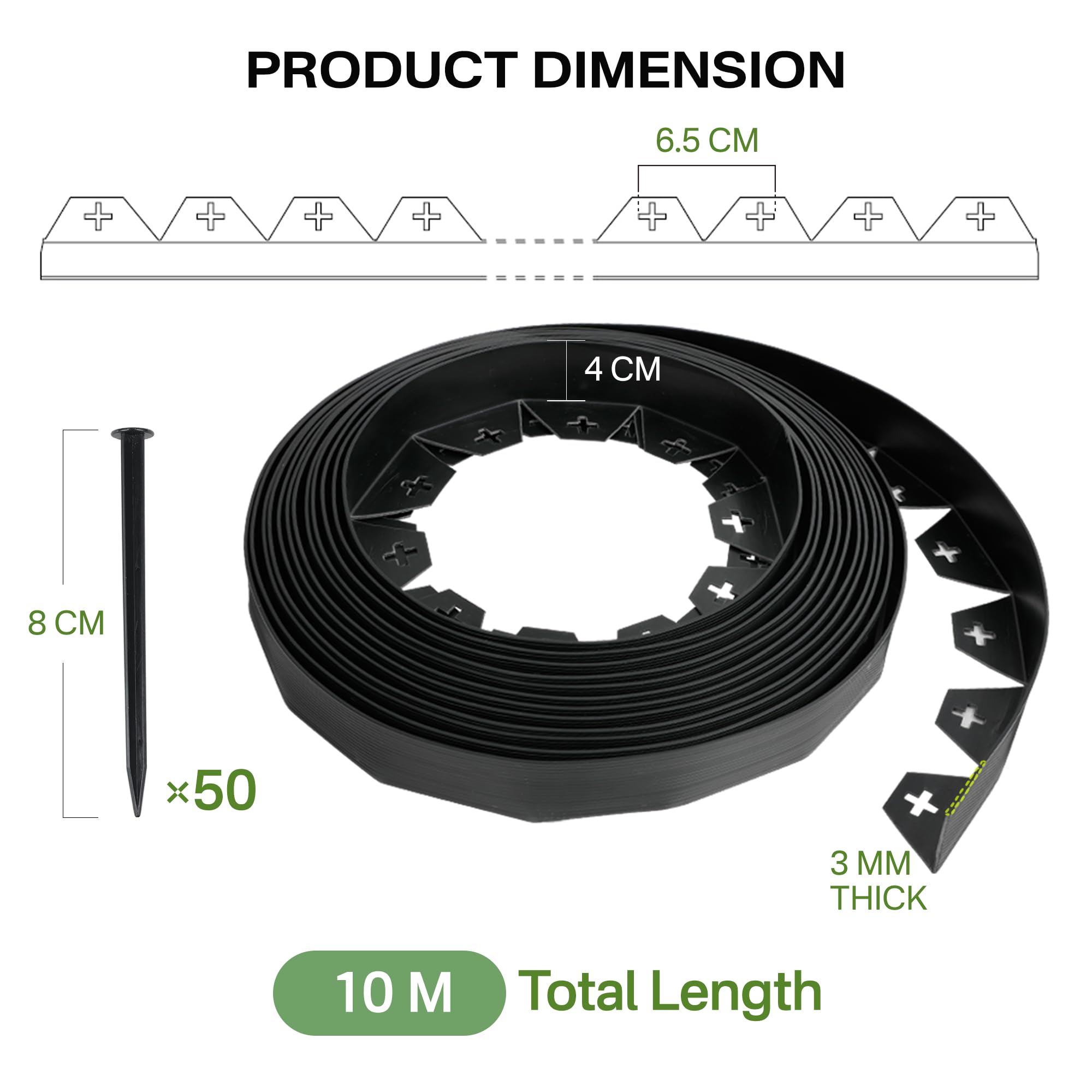 Bordo Giardino Flessibile in Plastica, Bordura per Giardino Nero, Lunghezza 10 metri, Altezza 4 cm Bordi per Aiuole Flessibile + 50 Chiodi di Fissaggio