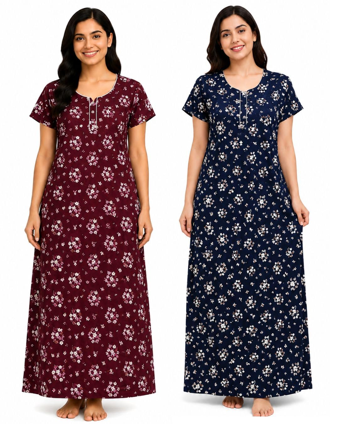 aottori Pure Cotton Nighty for Women Pack of 2 | Floral Printed Maxi Night Gown with Pocket | Soft Breathable Cotton Nightwear | Ankle Length House Dress | Free Size-picture-52