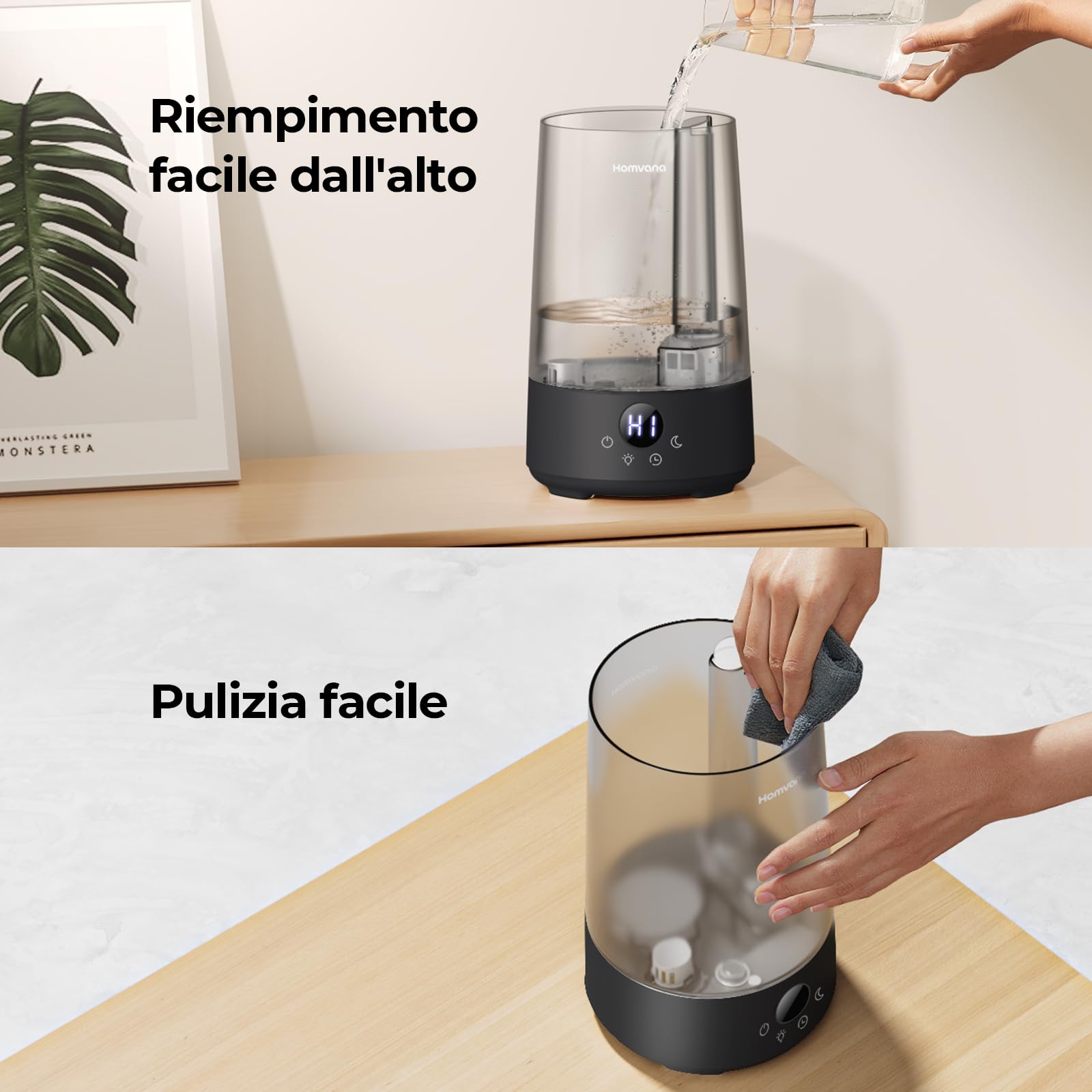 Homvana Umidificatore per camera da letto, 3,6 l, 360 gradi Celsius, 34 ore durevole, silenzioso, 16 dB (SilentSpary Tech), piccolo, umidificatore per piante