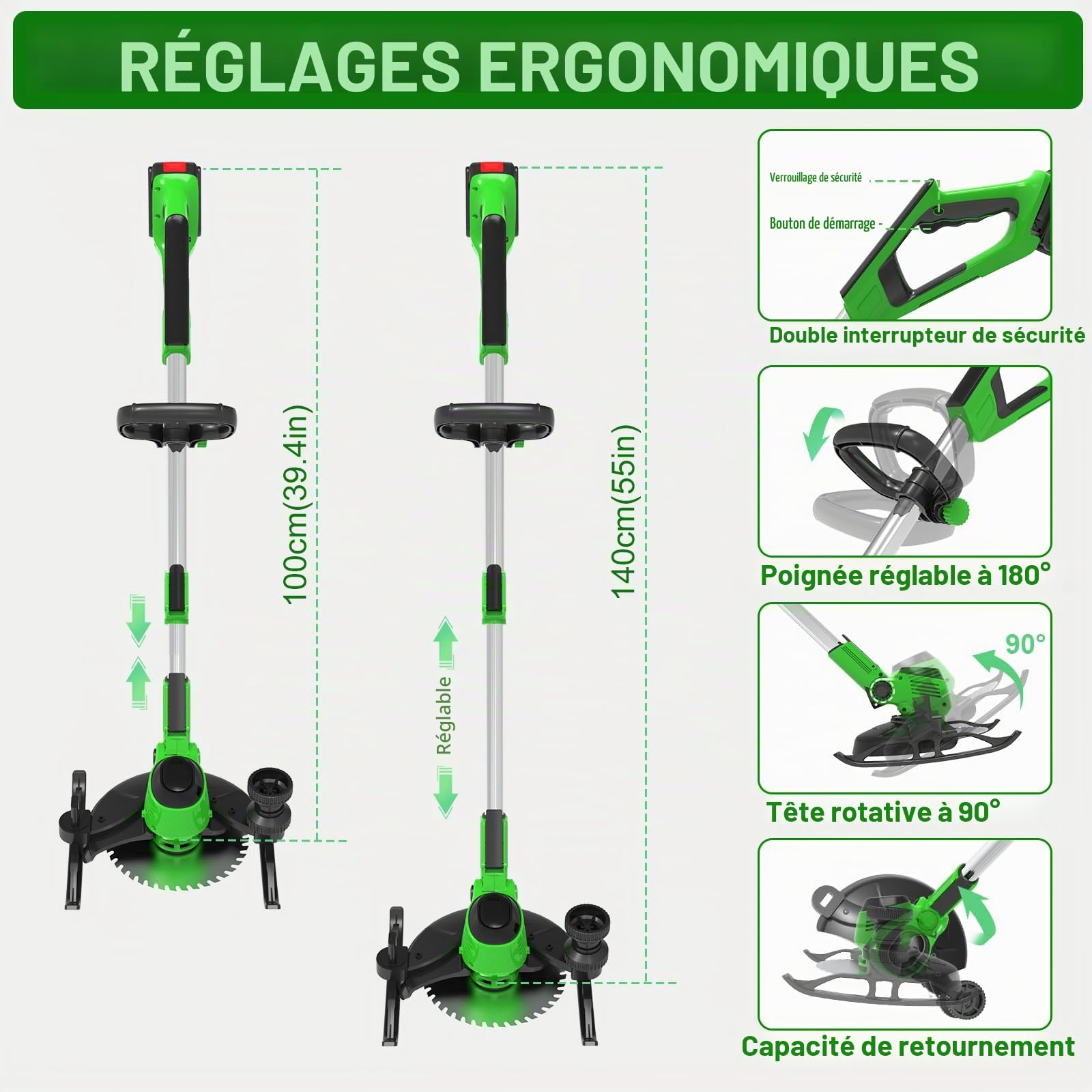 Debroussailleuse Electrique sans Fil, Coupe Bordure sans Fil avec avec 2 Batteries et avec 3 Types de Lames, 21V Debrouissalleuses Batterie,Télescopique, pour Jardin, Pelouse, Herbe et Bordures,Vert