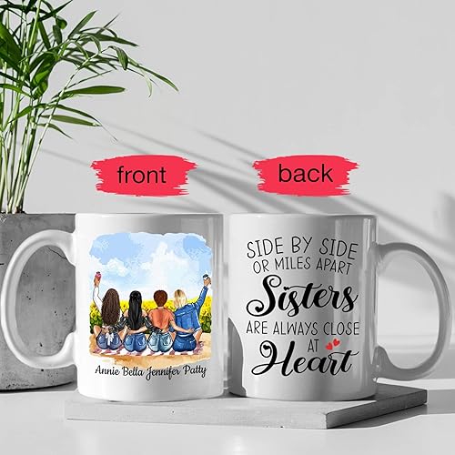 Miniatura 5 de Tazas de café personalizadas para mujer, taza personalizada de 4 hermanas lado a lado o millas de distancia, taza de café con nombre personalizado,
