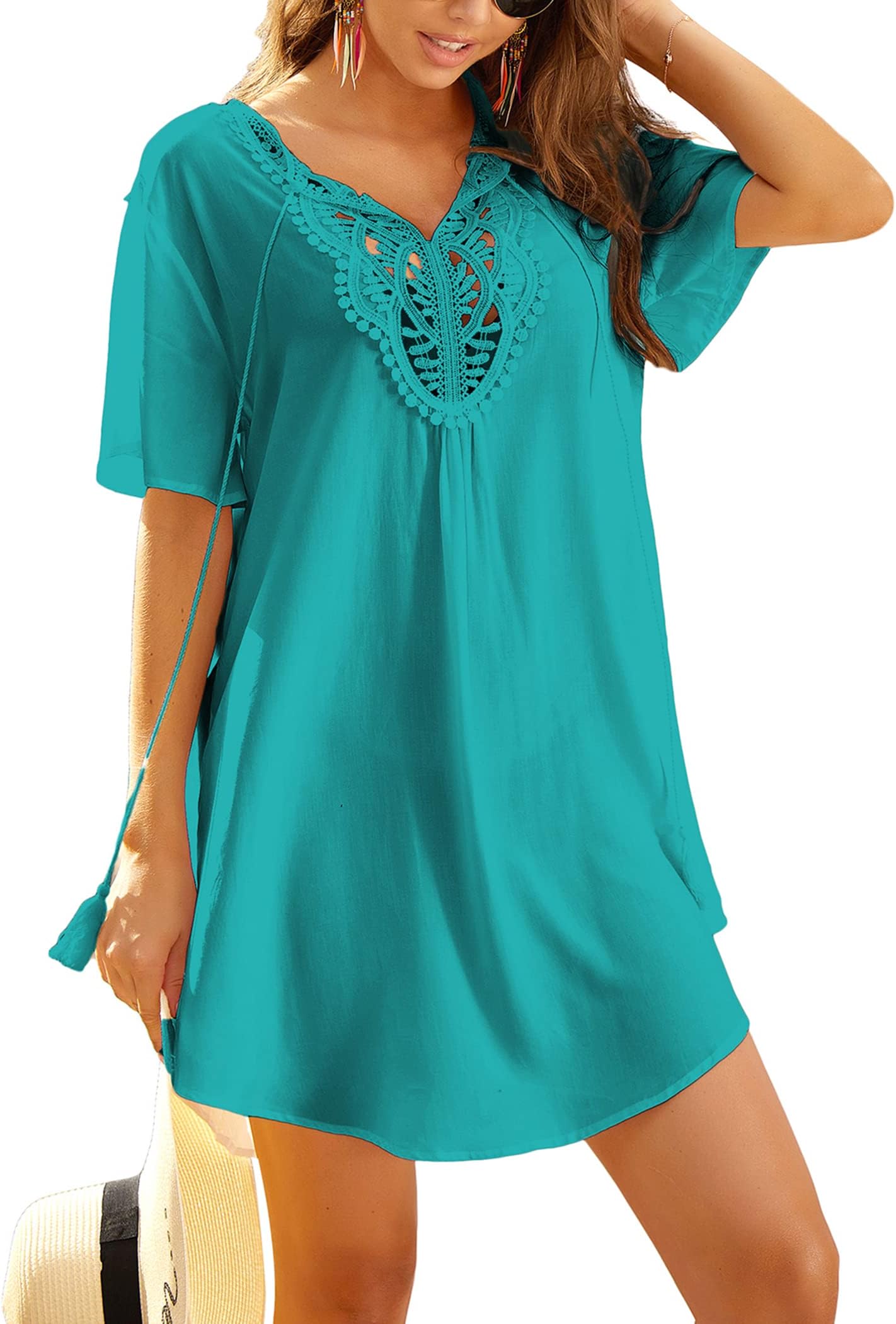 EkouaerBeach Cover Ups for Women Beachwear Hollow Out Beach Dress Lace Crochet V-Neck Bikini Cover Up S-XXL
