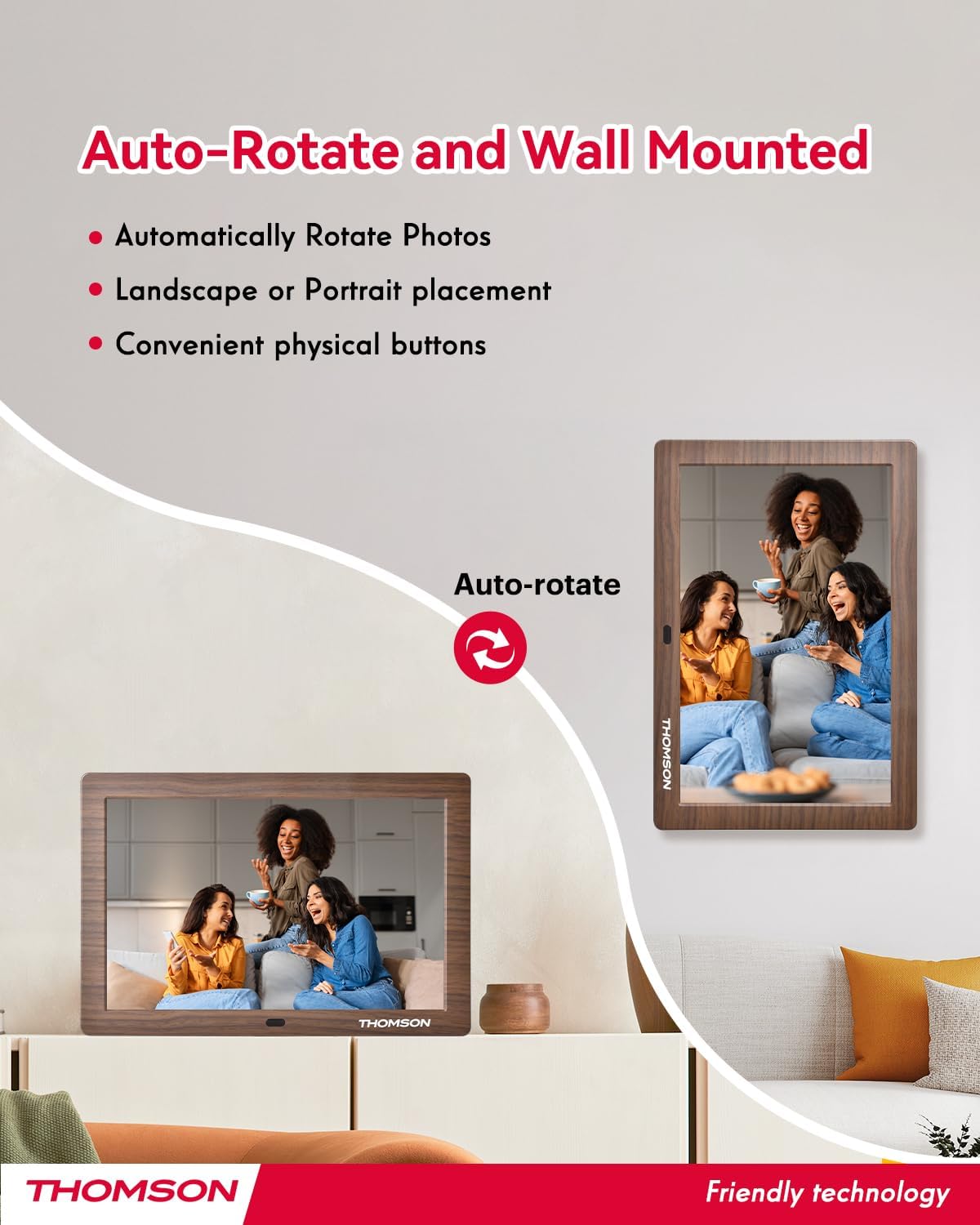 THOMSON 8" Digital Picture Frame, 1280 * 800 IPS Full View Ultra Clear Screen with Remote Control, Wooden Frame, Share Videos Photos Send Wishes Auto-Rotate Slideshow Non-WiFi (8 Inch Non-WiFi)