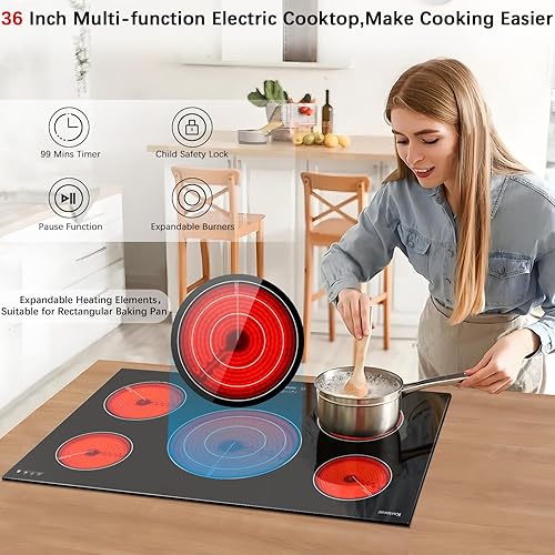 Miniatura 2 de Karinear Estufa eléctrica de 36 pulgadas, estufa eléctrica de 5 quemadores, placa de cerámica eléctrica radiante de vidrio integrada, zonas