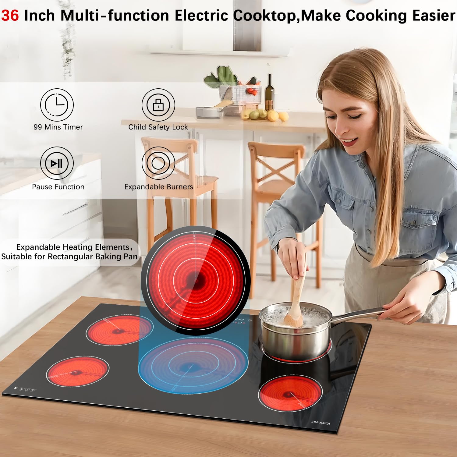 Snapklik.com : Karinear 36 Inch Electric Cooktop, 5 Burners Electric ...