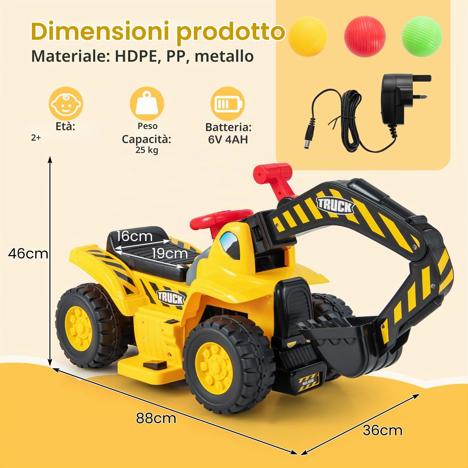 RELAX4LIFE Escavatore Elettrico per Bambini, con Benna Regolabile, Vano Nascosto, Suoni, Effetti Sonorie Canestro Nascosto e 3 Basket, per Bambini, Portata di 25KG, 2 Anni+ (MODELLO 2)