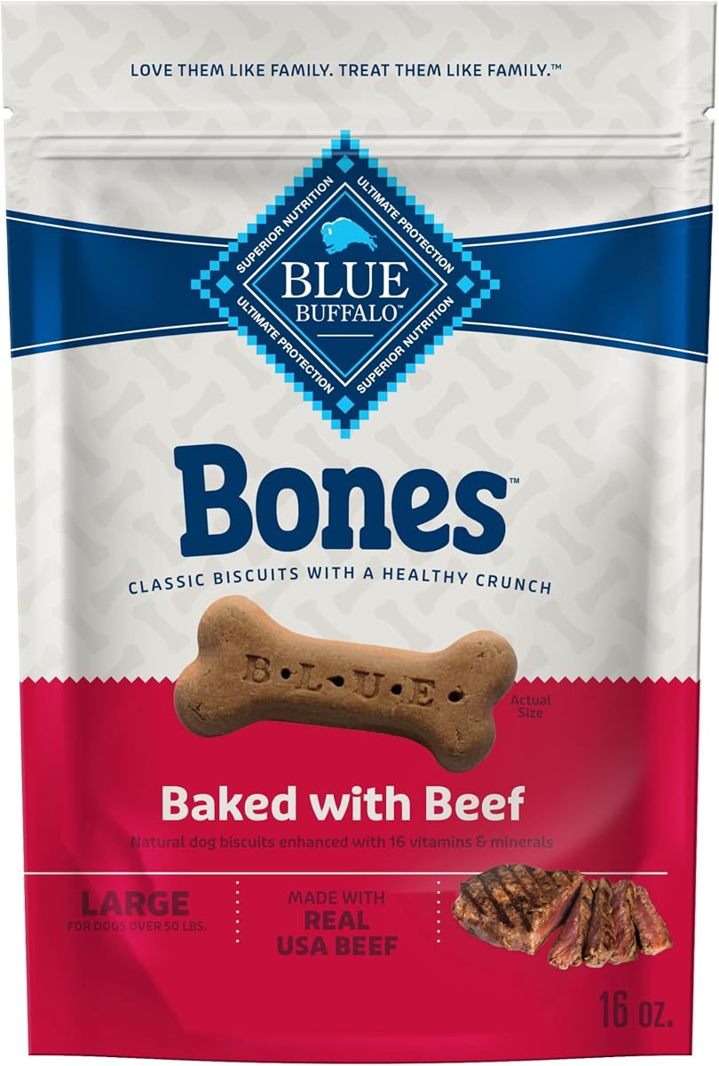 Blue Buffalo Bones Beef Large Dog Biscuits, 16 oz, 4 ct | Real Beef First, Classic Bone-Shaped Biscuit, No BHA, Meat & Bone Meal, or Artificial Preservatives