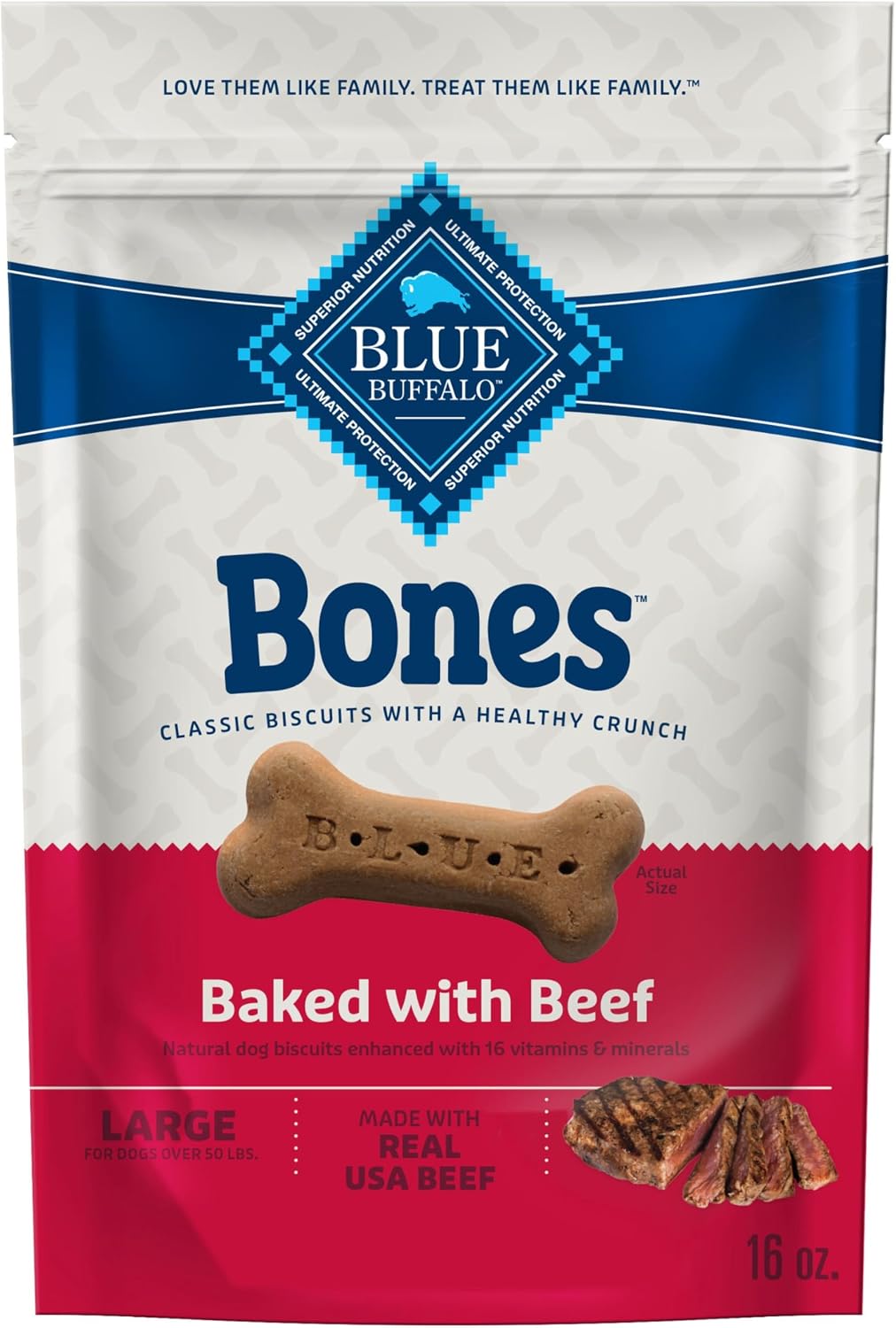 Blue Buffalo 16oz Bones Beef Large Dog Biscuits (4-Pack)