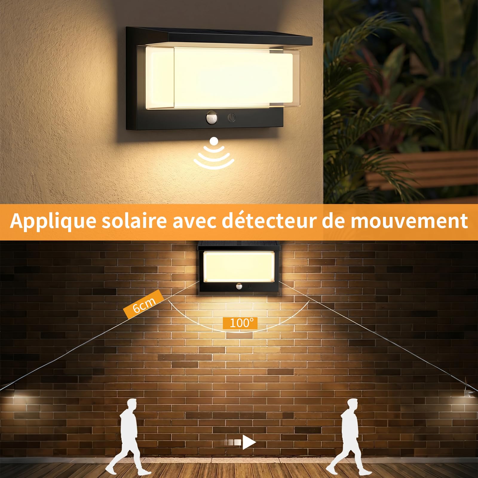 2 Pièces Applique Murale Exterieur Solaire,Lampe Solaire Extérieure avec Détecteur de Mouvement IP65 3000K blanc chaud Allumage/Extinction Auto, Étanche pour Jardin,Terrasse, Couloir et Allées