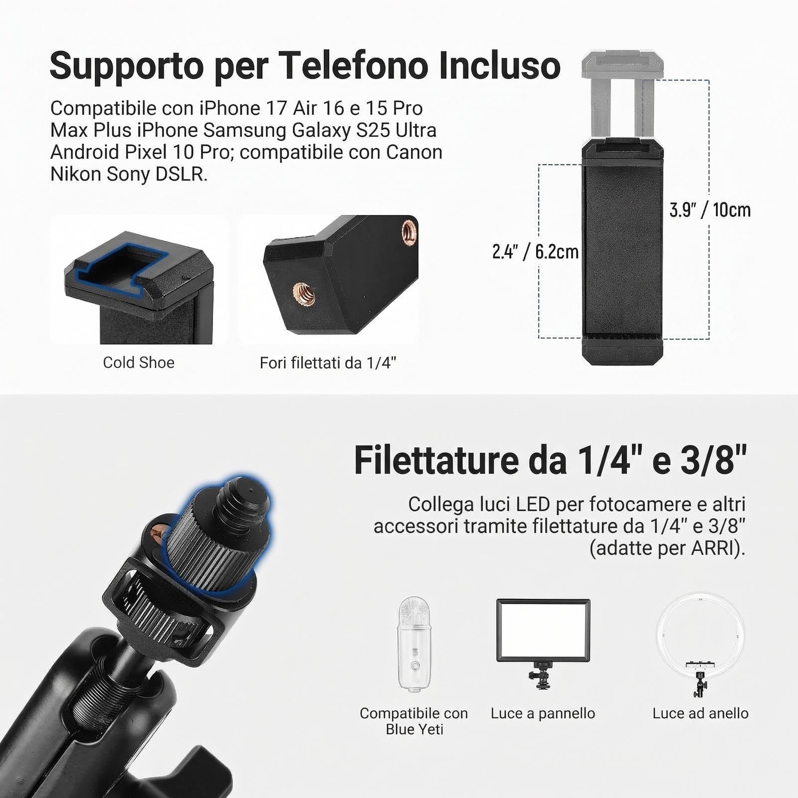 NEEWER BASICS 55cm Magic Arm da Scrivania con Super Clamp, Porta Telefono e Adattatore da 1/4" a 3/8", Braccio Microfono Supporto Overhead Accessori Fotografia per Mic ActionCam Webcam Luce LED, UA061