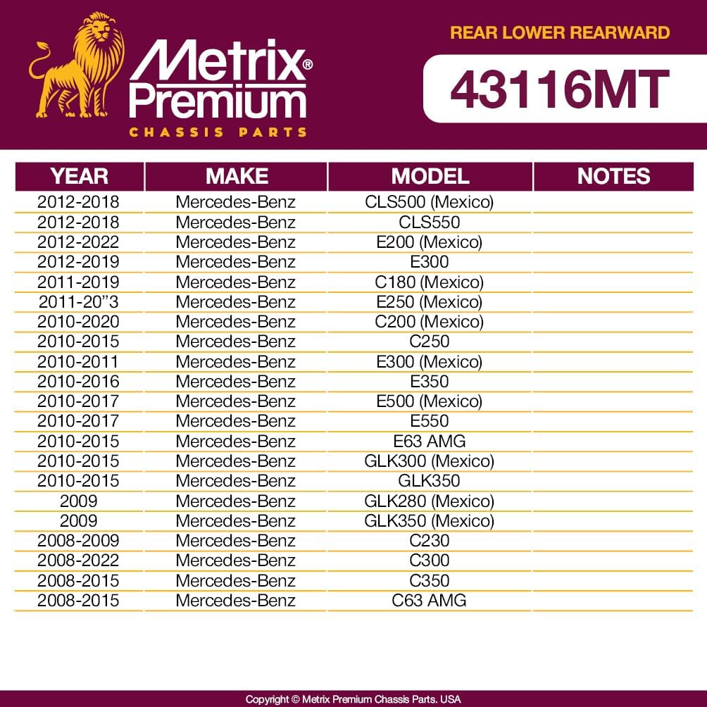 Metrix Premium Chassis Parts - Rear Lower Rearward Control Arm Fits 08-22 Mercedes-Benz C300, 08-15 C350, 12-19 E300, 13-18 E400, Replacement RK641986, Made in Europe