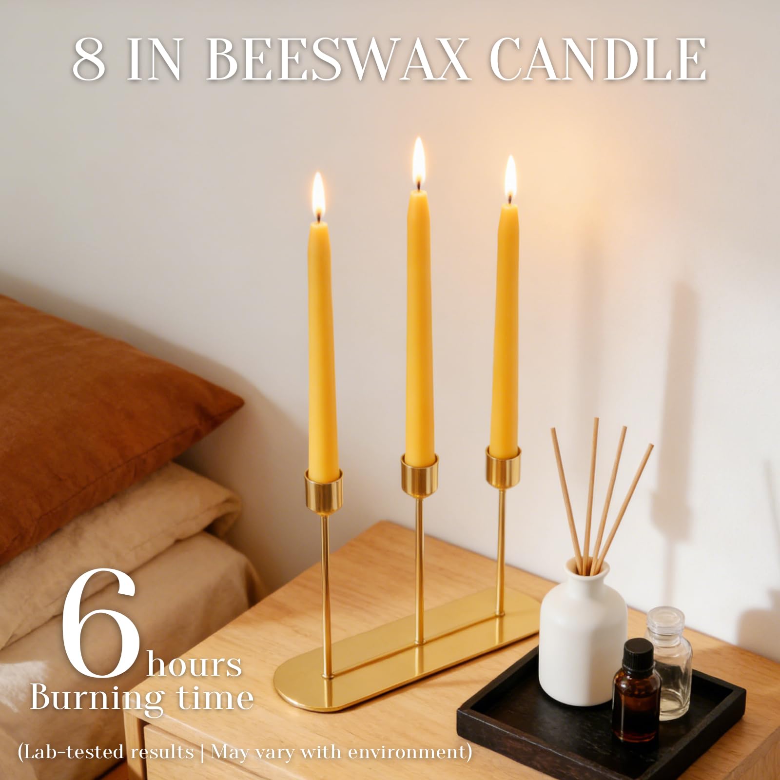 Paquete de 24 velas cónicas de cera de abeja a granel de 8 pulgadas de alto, totalmente naturales, 100 % pura, sin perfume, sin goteo, 5 horas de tiempo de combustión, color amarillo