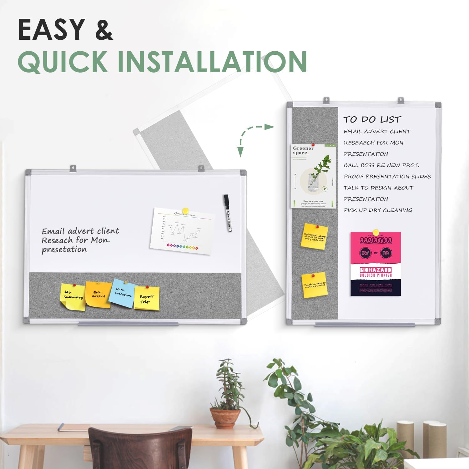 S SWANCROWN Magnetic White Board and Bulletin Cork Board Combination,24 x 18 Inch Dry Erase Board Bulletin Combo Board, Hanging Wall Mounted Message Board Corkboard for Home, School, Office