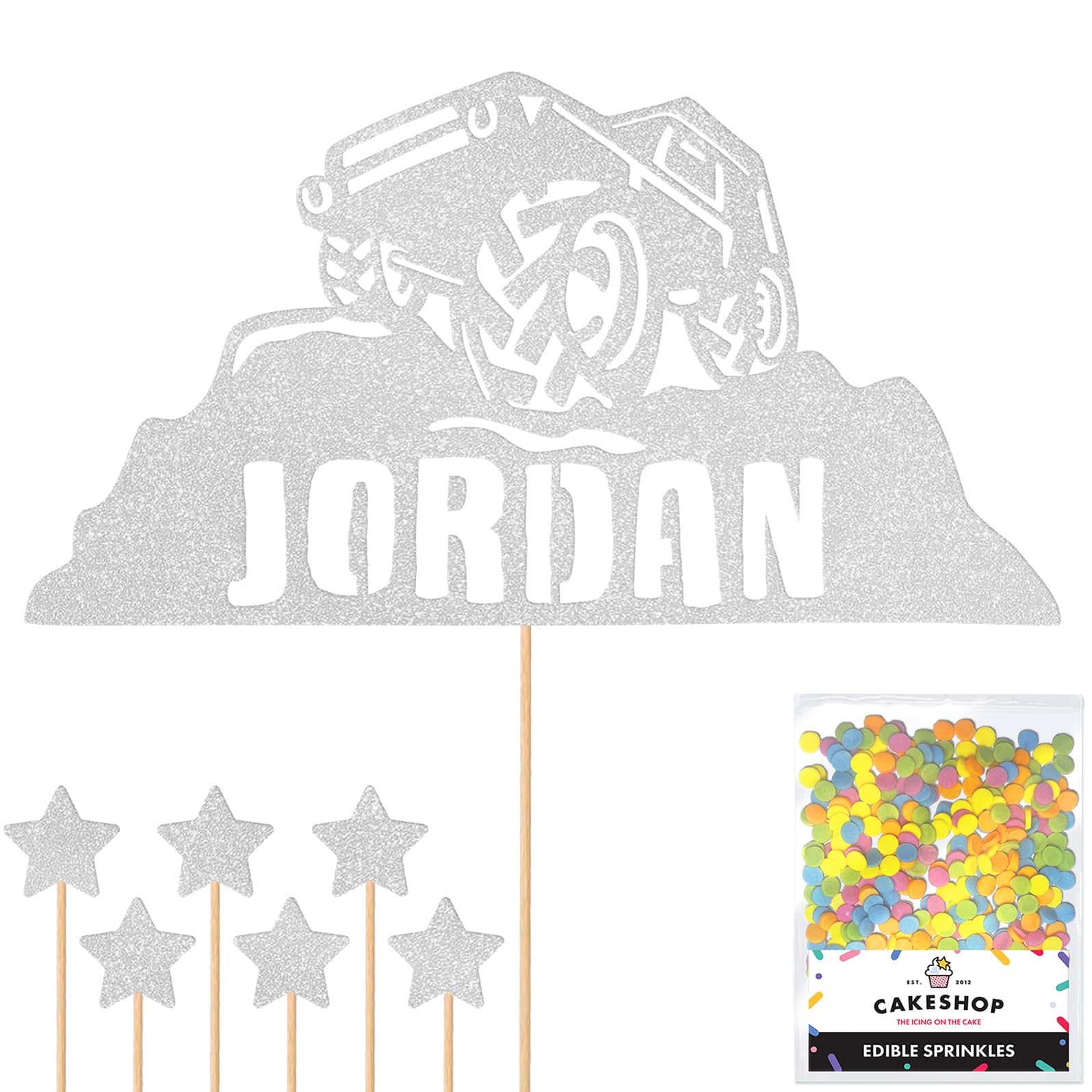 Personalised Off-Road Land Rover Jeep Glitter Topper - Light Silver Custom Name 4x4 Glitter Cake Decoration and Sprinkles - Happy Birthday Decorations - Personalised Toppers for Cakes by Cakeshop