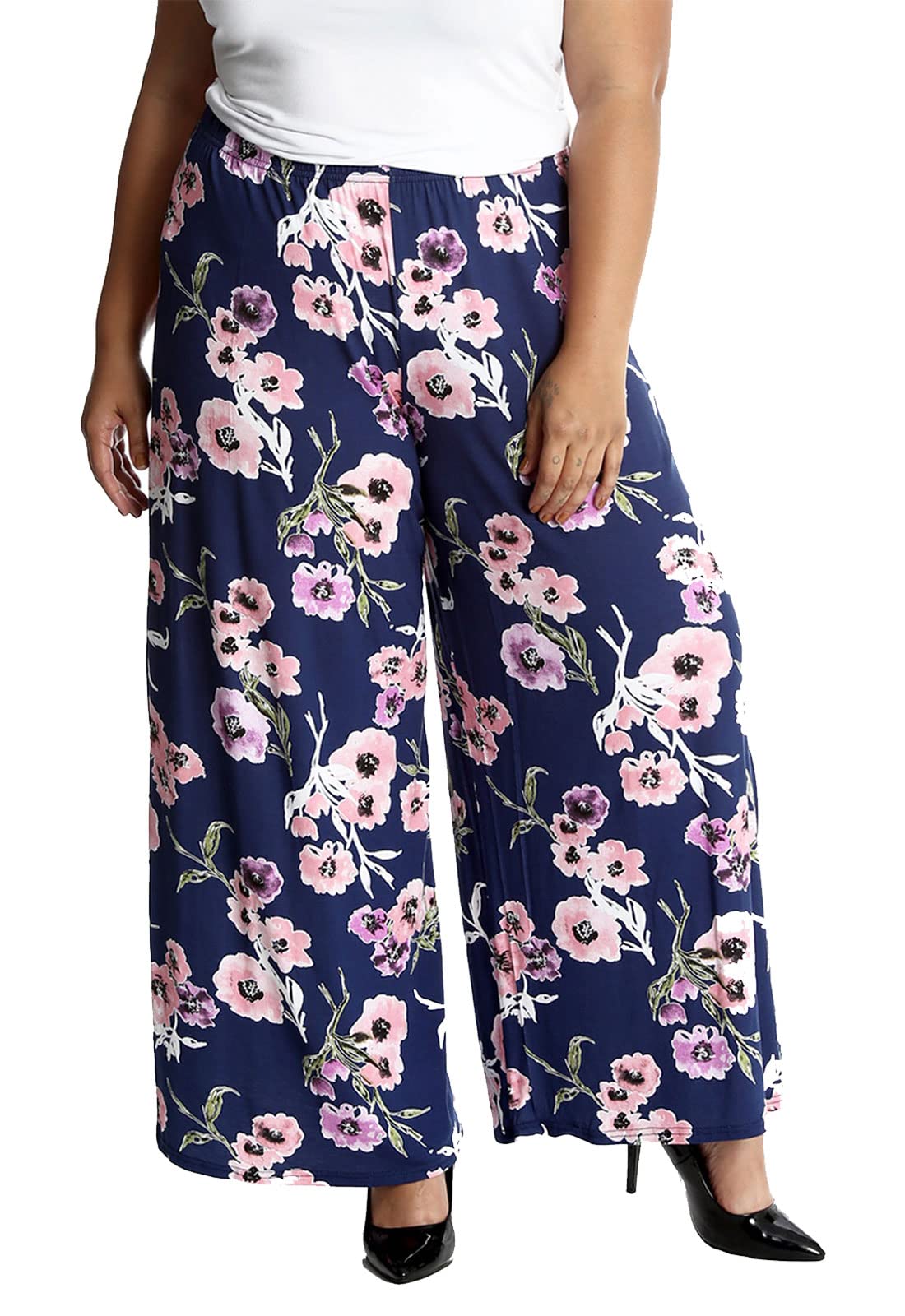 FAIRY BOUTIQUE Ladies Plain Printed Wide Leg Crepe Palazzo Trousers Womens Plus Size Casual Flared Pants Floral Print Blue 28-30