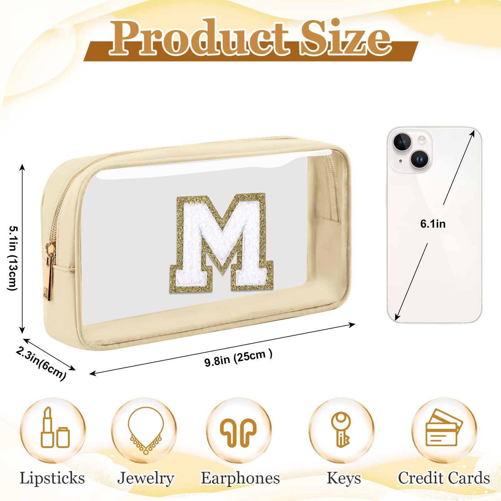 Small Clear Personalized Initial Letter Makeup Bag, A-Z Chenille Patch Preppy Nylon Cosmetic Bag with Zipper, TSA Approved Transparent Waterproof Travel Toiletry Bag Travel Essentials for Women