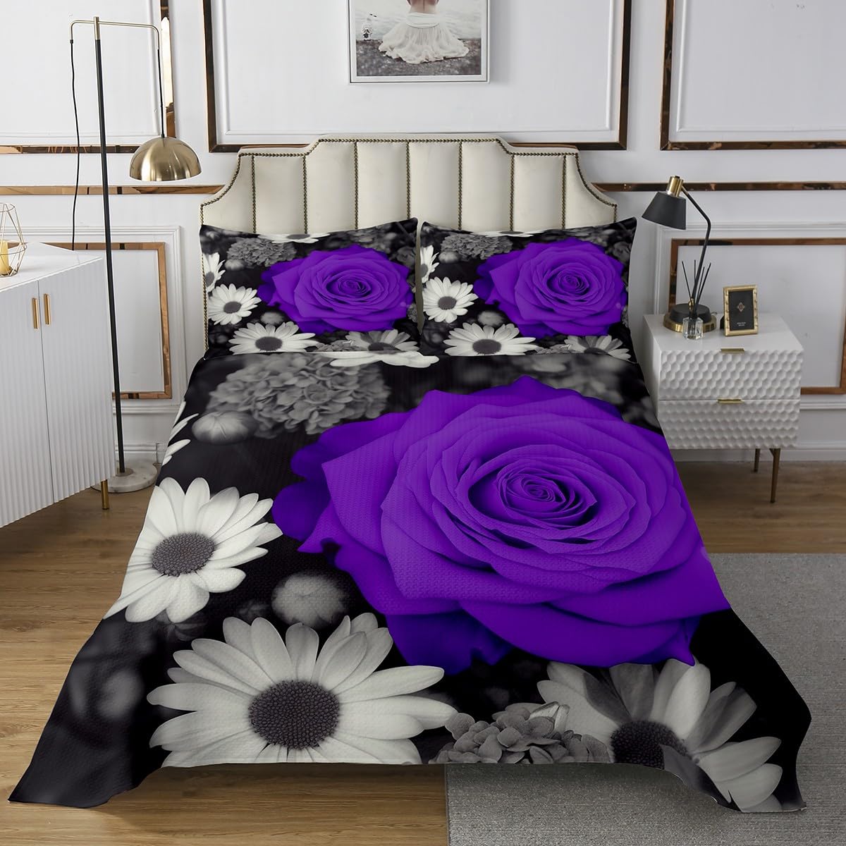 Rose Quilt Set King Size, Purple Rose Floral Bedspread Set, Romantic Flower Coverlet Set for Couple Lovers, Black Grey Blossom Bedding Set, Garden