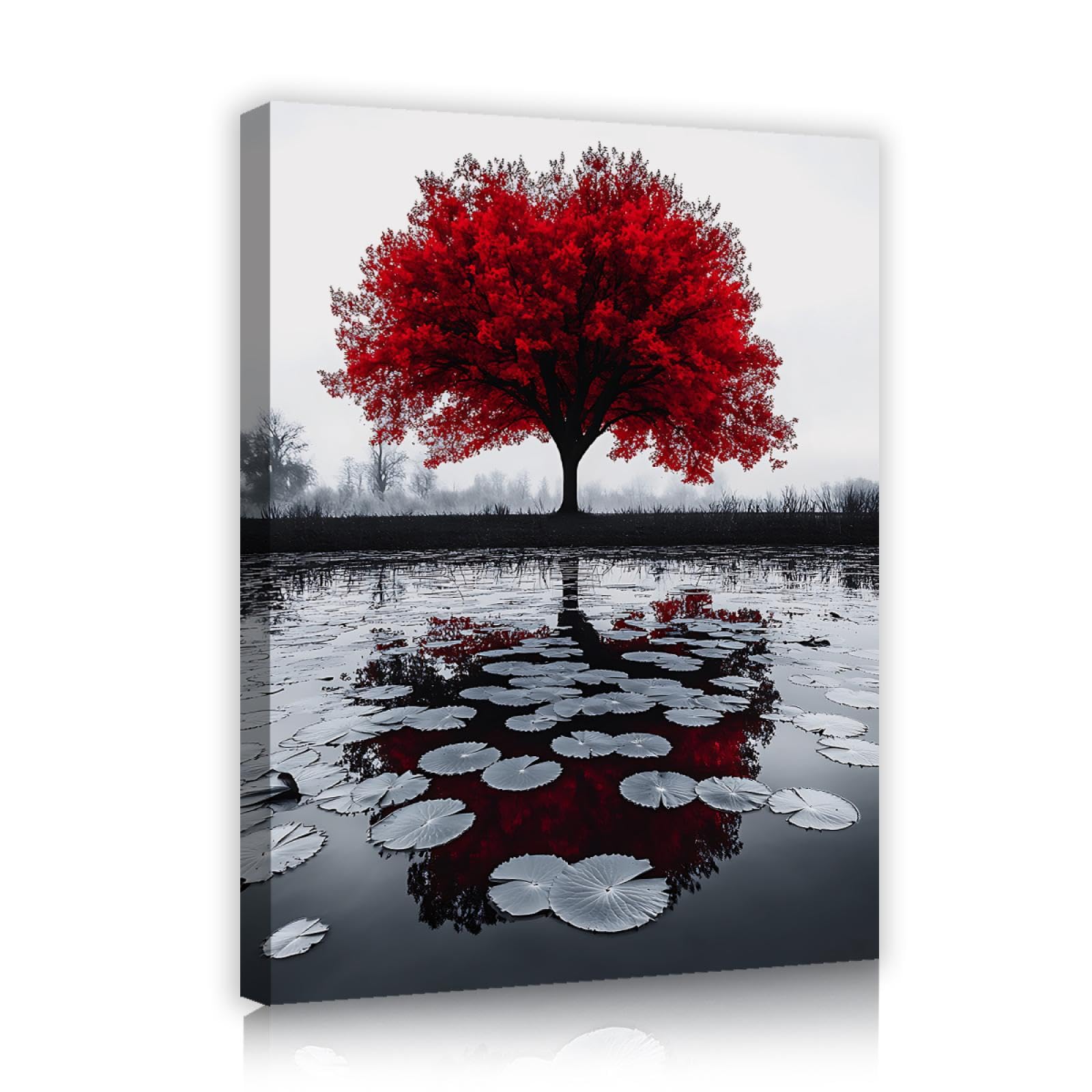 SHENGPOSTER Paesaggio moderno Wall Decor Dipinti Acero Rosso Albero di Loto Foglia Stagno Parete Art Stampe su tela per Agriturismo Soggiorno Sala Conferenze 40x50cm Innerframe