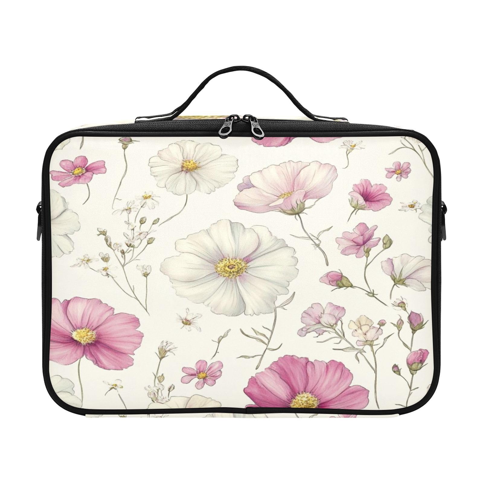 zyrtty Travel Makeup Train Case Vintage White Pink Flower Farm Plants Cosmetic Organizer Portable Storage Bag with Adjustable Dividers for Cosmetics Brushes Toiletry Jewelry Digital Accessories