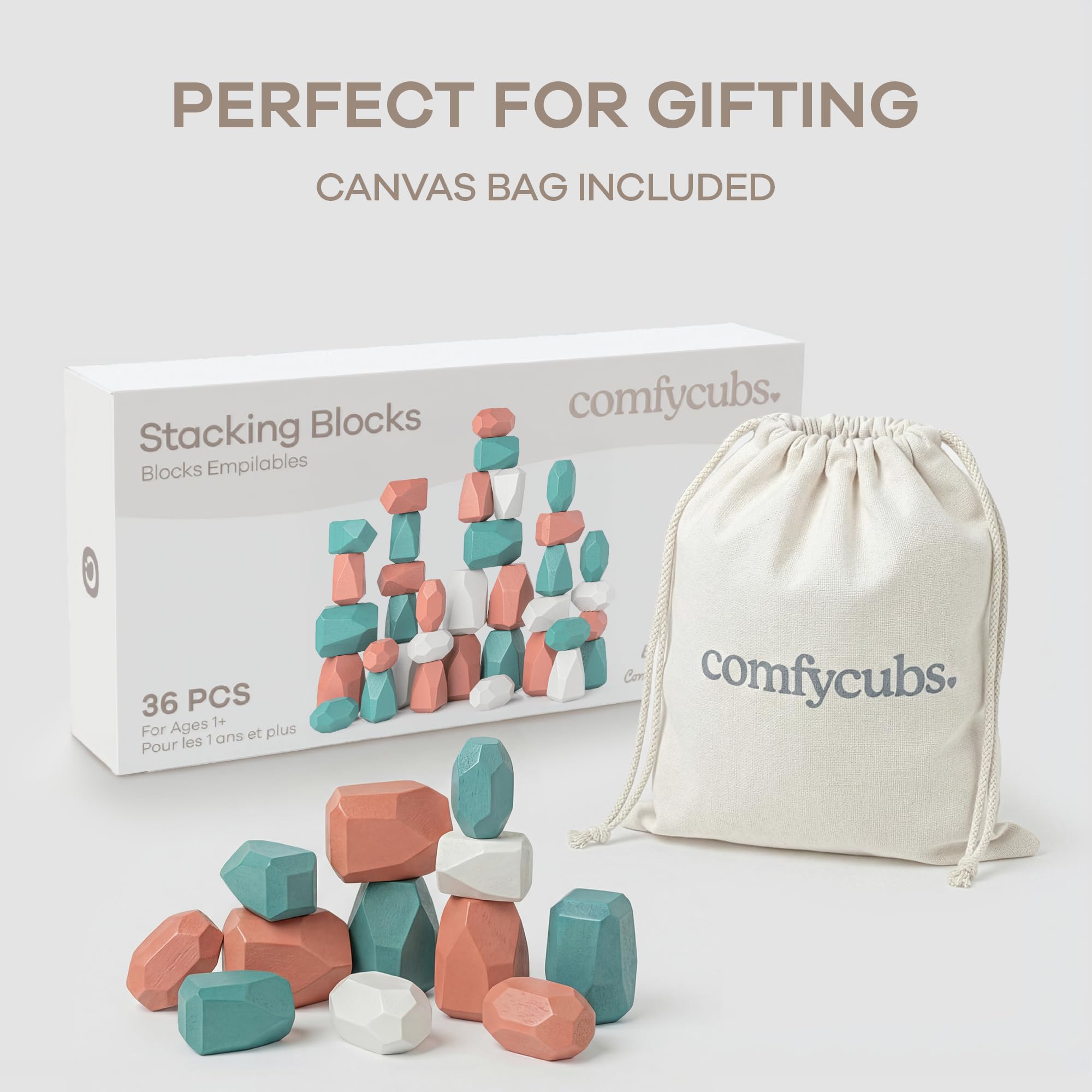 Comfy Cubs Stacking Rocks 36 piezas, 36 meses en adelante, bloques de apilamiento educativos para niños, promueve la imaginación, el equilibrio y las habilidades motoras finas, juguetes sensoriales de