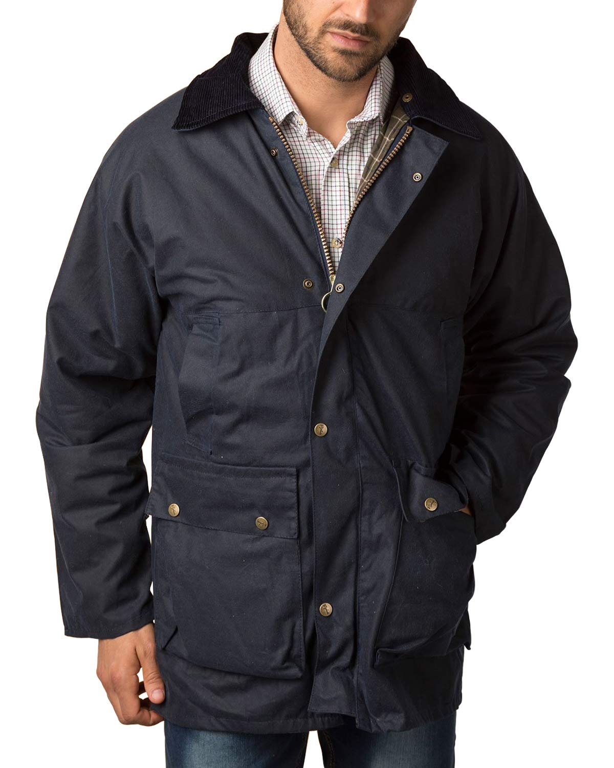 Rydale Men's Thirsk Classic Wax Jacket Waxed Cotton Country Check Lining Coat Navy