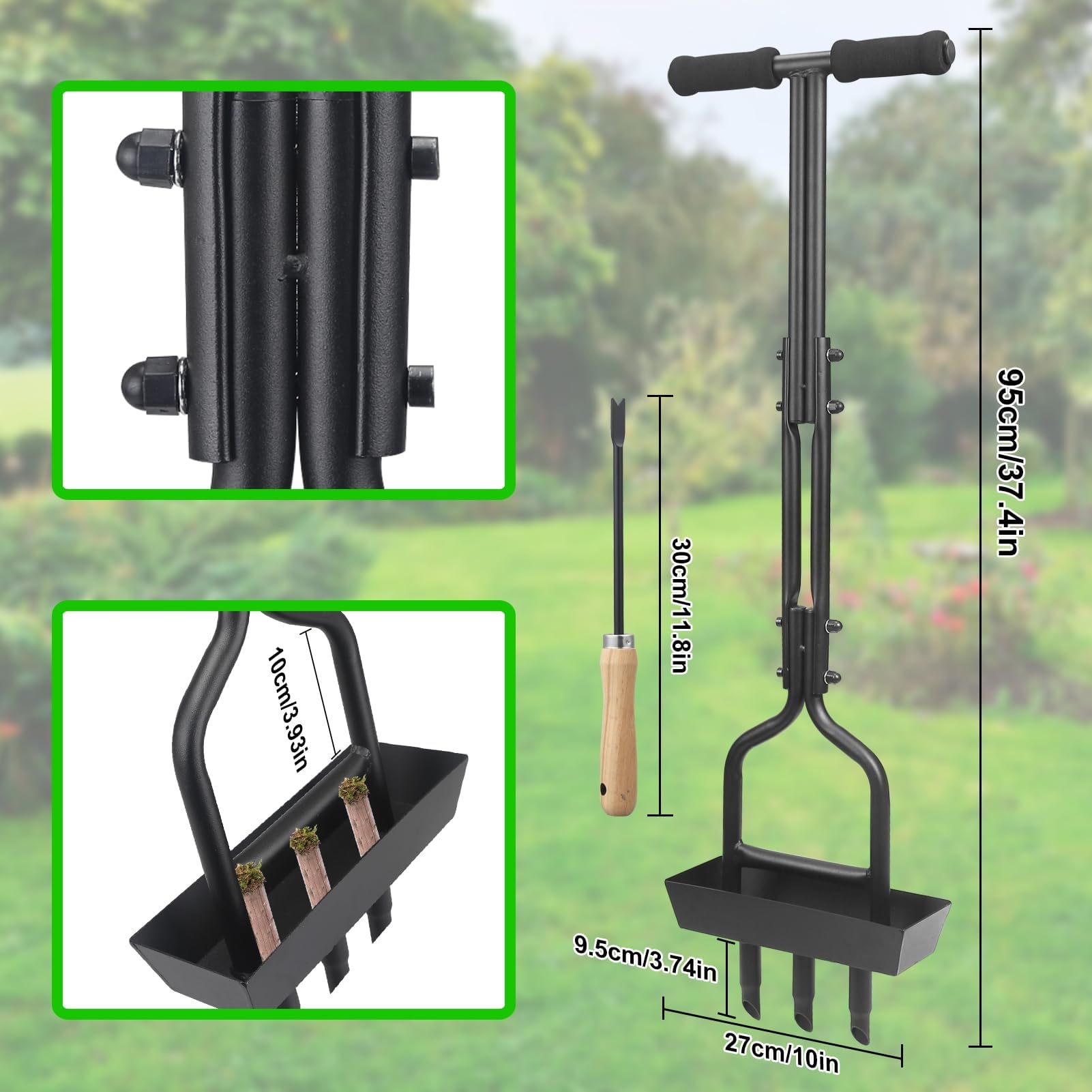 Rasenlüfter, Aerifizierer für Rasen, 3 Kern Hohlspoon mit Ablageschale, Hohlzinken Aerifizierer Gerät für verdichtete Böden, Rasenflächen und Gärten