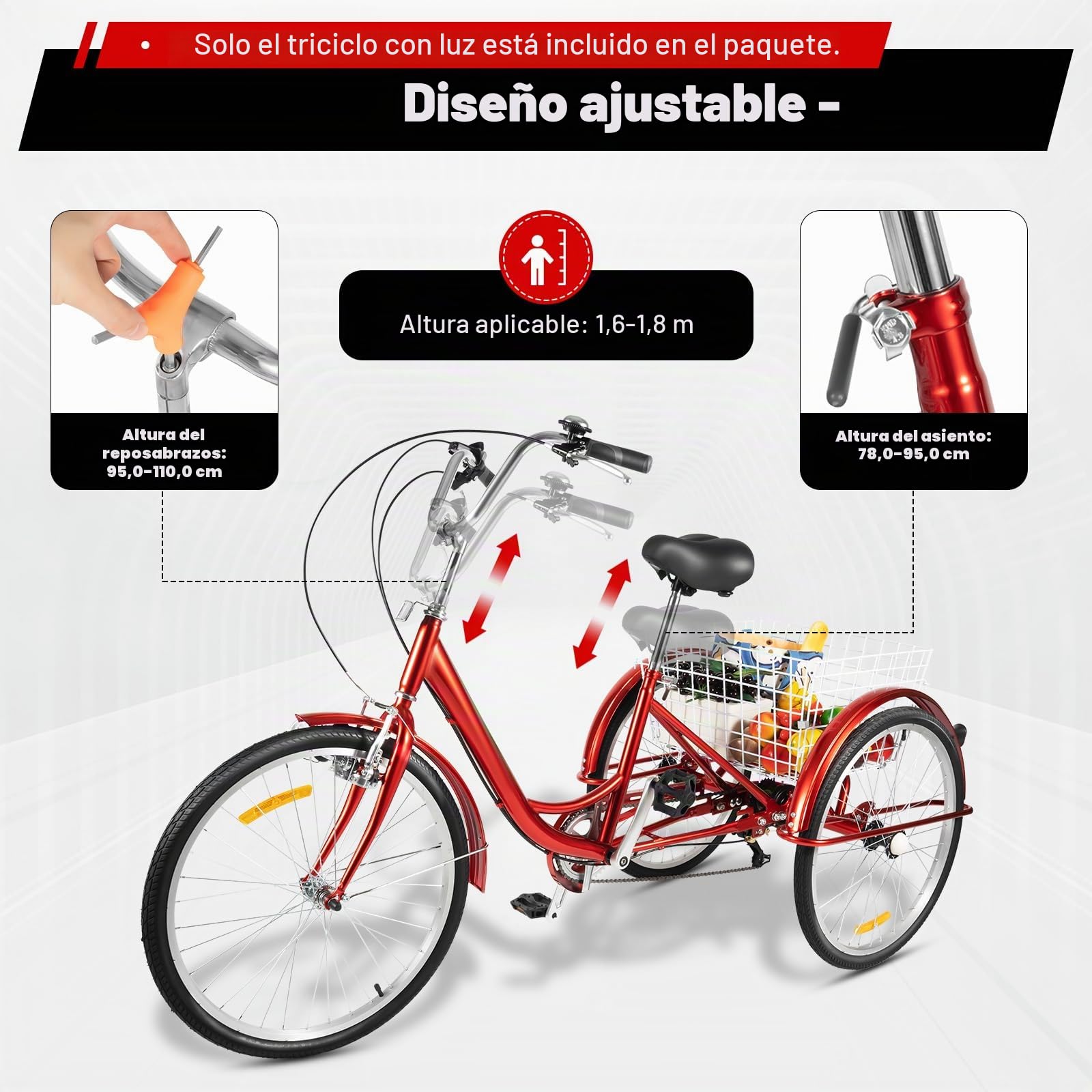 SailorMoon Triciclo para Adultos de 24 Pulgadas, 6 velocidades 3 Ruedas, Bicicleta para Adultos 3 Ruedas, triciclos, con Cesta para Personas Mayores y Mujeres, Altura Ajustable, Color Rojo