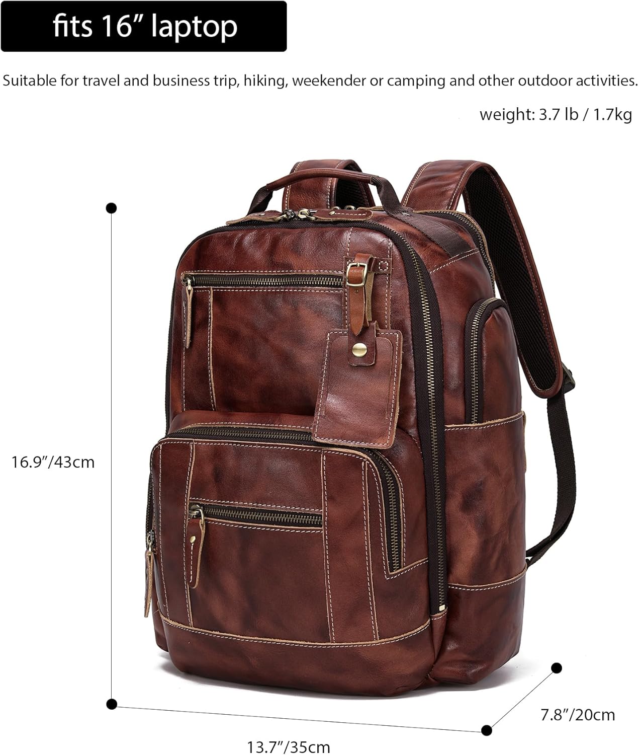 LANNSYNE Full Grain Leather Backpack For Men, Fits 16" Laptop, Coffee - Image 6