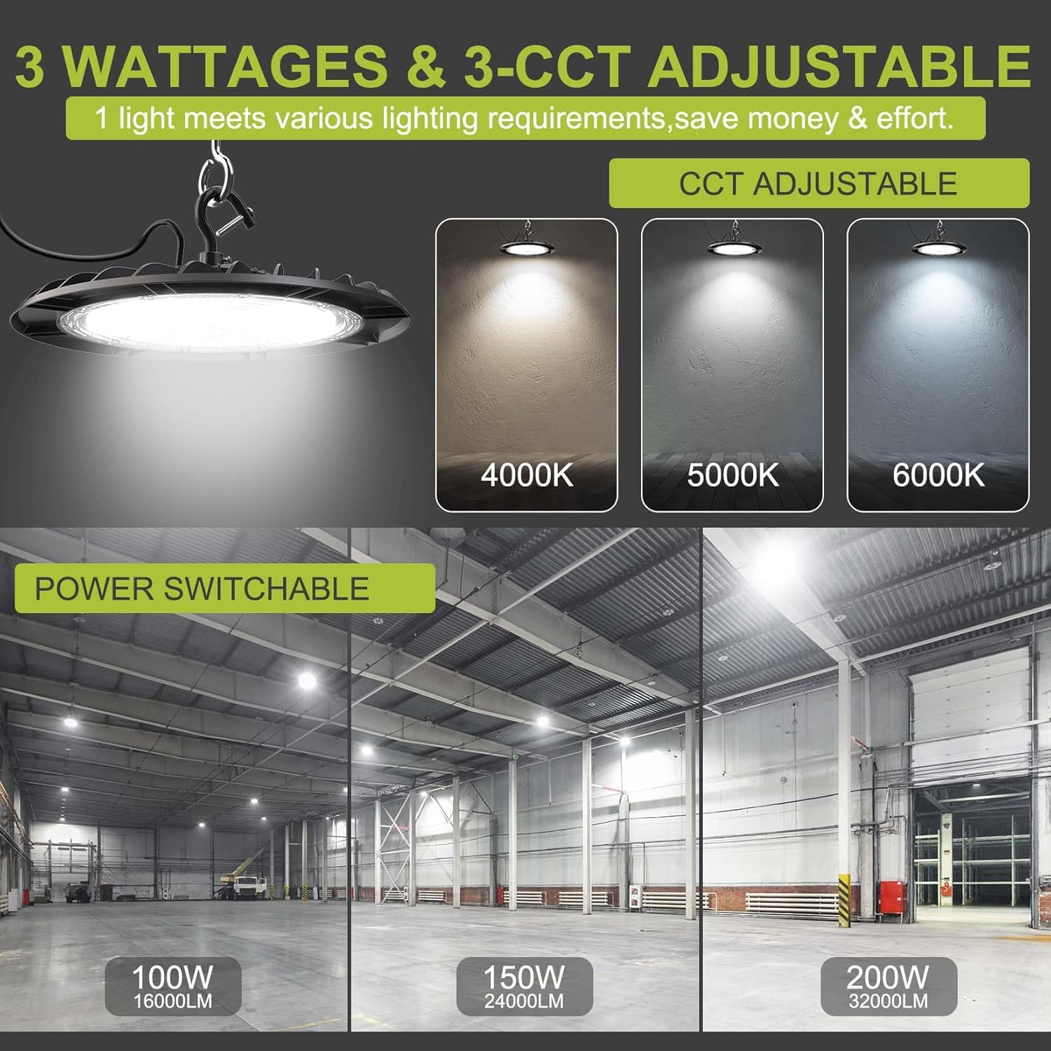 UFO LED High Bay Lights 200W 32000LM/150W/100W 6000K/5000K/4000K Adjustable 0-10V Dimmable Commercial Bay Lighting 100-277V Plug&Play for Factory Warehouse Garage Workshop, 5 Pack