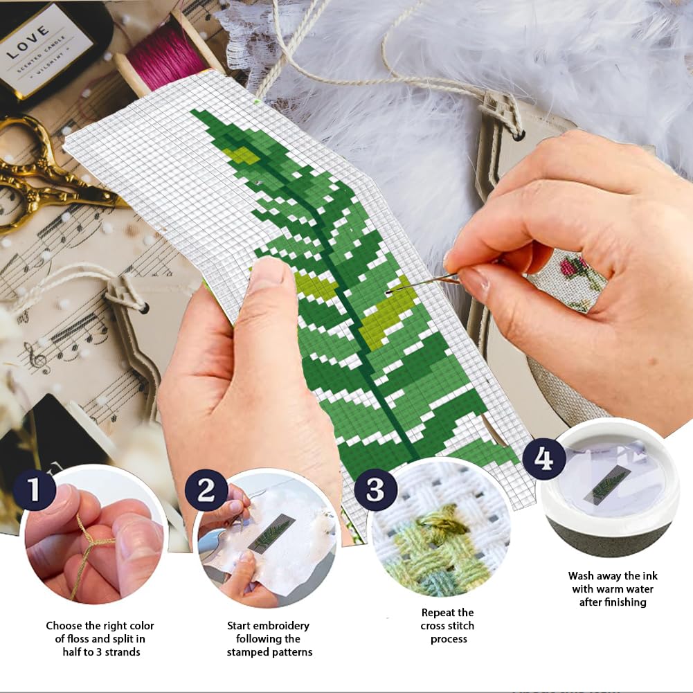 INFUNLY 6pcs Tropical Plant DIY Cross Stitch Bookmark Kit for Beginners Green Leaves Stamped Embroidery Bookmark Kit with Instruction Foliage Counted Cross Stitch Kits for Book Lovers Readers Writers - Image 4