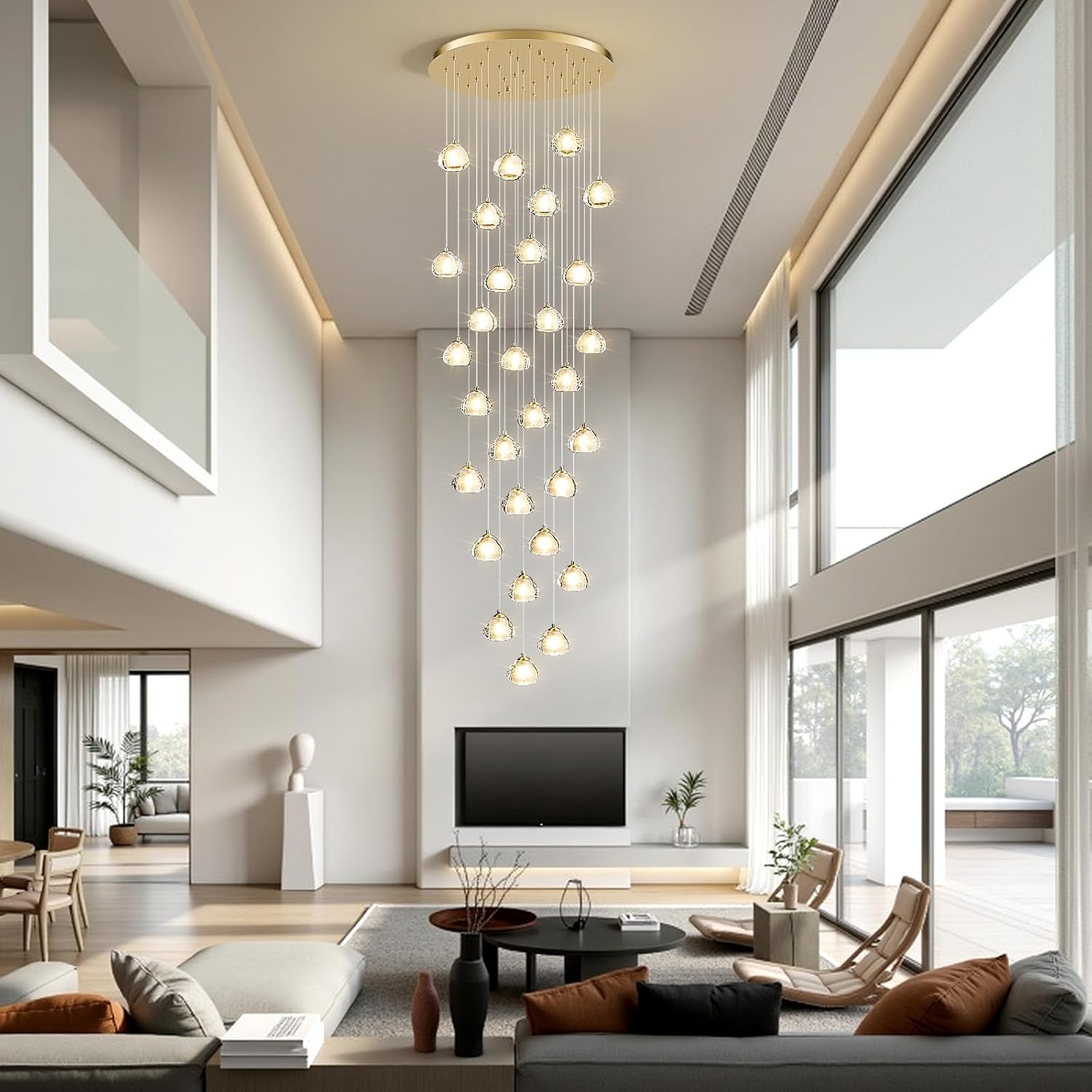 Modern LED High Ceiling Chandelier: Bubble Crystal Ball with 3000K Warm Bulb Glam Spiral Staircase Chandeliers for Living Room Entryway Foyer Stairs - 30 Lights Gold