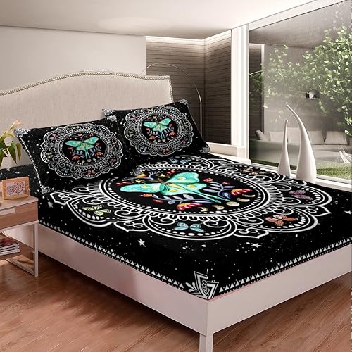 Miniatura 3 de Juego de sábanas ajustables de polilla y mariposa, tamaño Queen, diseño bohemio con mandala y cielo estrellado, funda de cama colorida ultra suave y