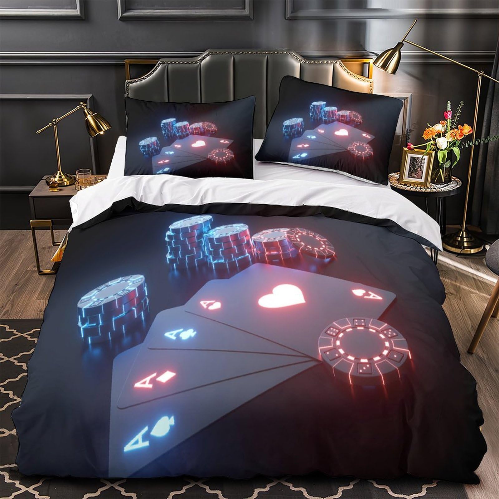 Housse de couette poker 3D 220x240 cm avec taies en microfibre pour lit king size