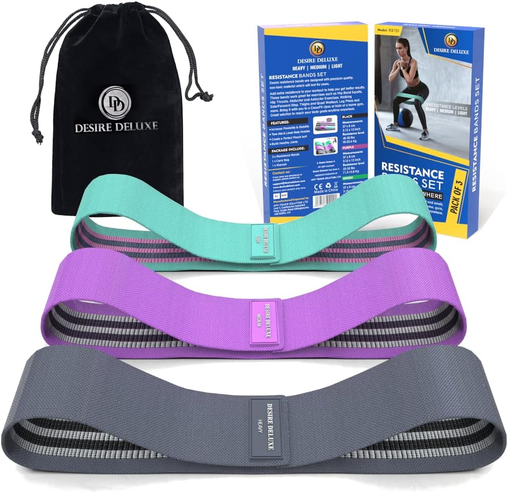 Desire Deluxe Premium Resistance Bands Set – Fabric Stretch Bands for Strength Training, Physical Therapy, Pilates & Yoga, Non-Slip Workout Bands for Men & Women (3 Pack)