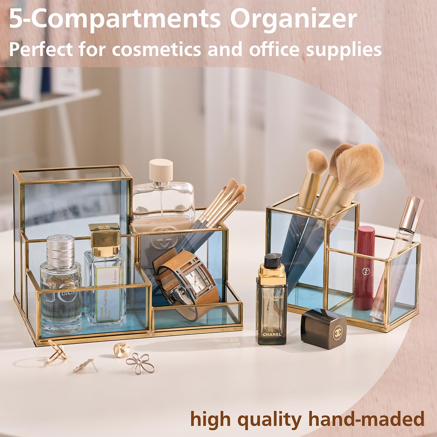 FONDAZZA 5-Compartment Desk Organisers and Accessories for Home Office Supplies Blue Glass with Gold Brass Trim Office Décor - Image 2