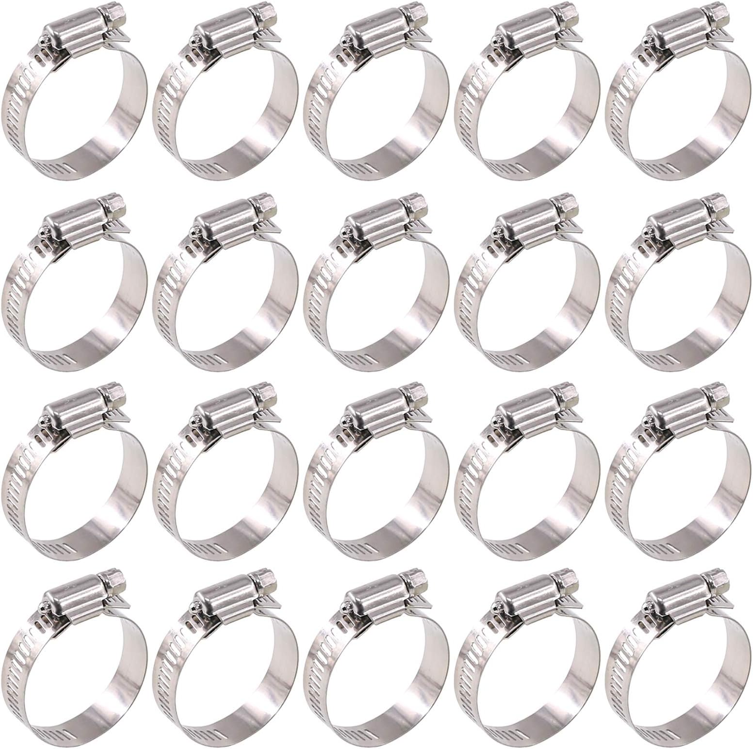 Glarks 20Pcs 304 Stainless Steel Adjustable 21-44MM Range Worm Gear Hose Clamps Assortment Kit, Fuel Line Clamp for Water Pipe, Plumbing, Automotive and Mechanical Application (21-44MM)