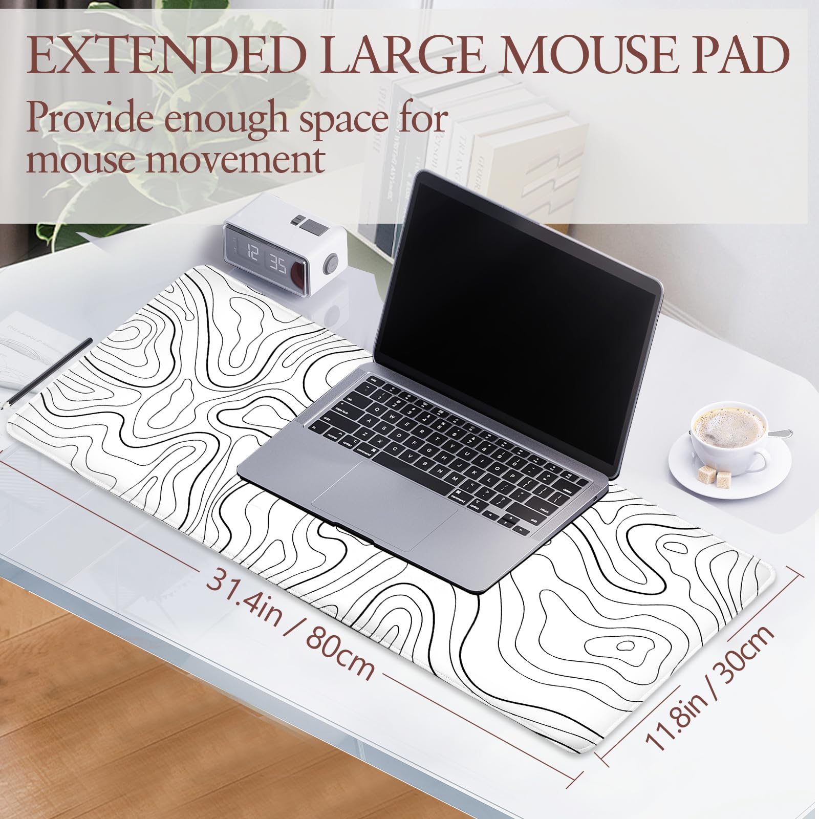 Tapis De Souris Gamer XXL 800x300mm - Design Vague Noir Et Blanc - Surface Lisse Et Antidérapante