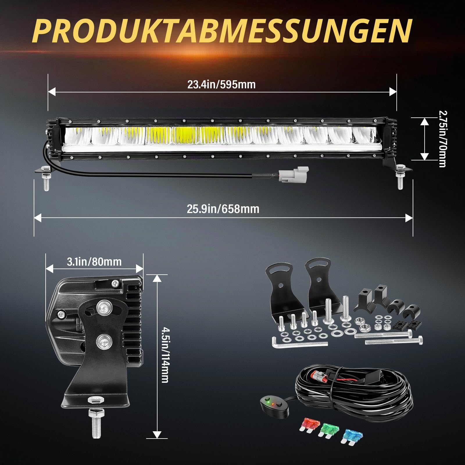 RIGIDON 23 Zoll 60 cm 80W 8000lm alu led lichtleiste mit 12v kabelbaum kit | außen, bernstein DRL, wasserdicht, 6000K weiß, offroad beleuchtung, lightbar, für auto ATV LKW KFZ SUV traktor fahrzeuge 4x4