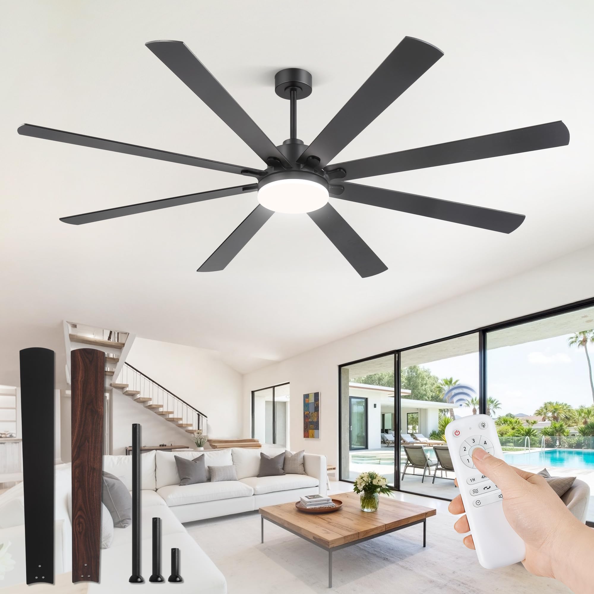 80 inch ceiling fans with lights and remote , indoor/outdoor industrial ceiling fan with large led panel, quiet reversible dc motor, 6-speeds, 3cct, black ceiling fans for patio, livingroom, garage