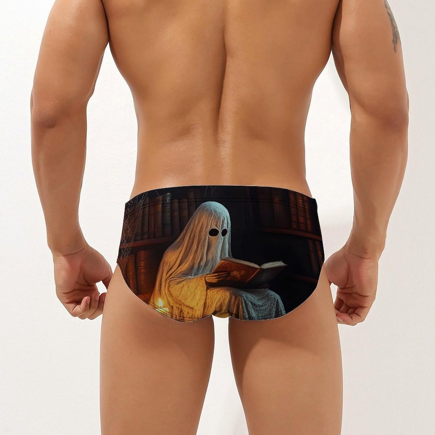 Halloween Ghost Reading Men's Swimsuit Brief Sexy Bikini Briefs Retro Printed Swimwear Quick Dry Swimming Trunks 3X-Large