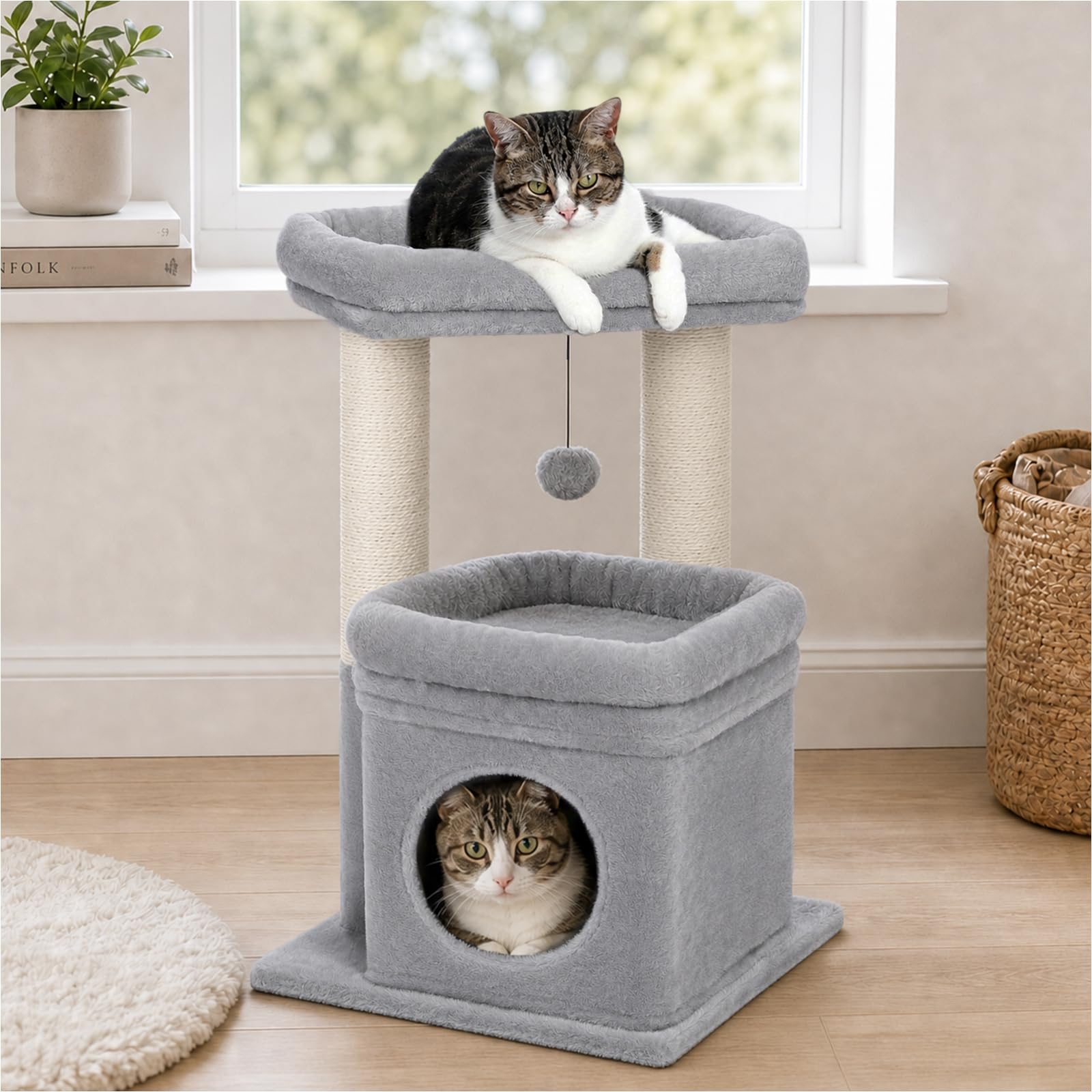 PEQULTI Small Cat Tree Tower for Indoor Cats, Sisal Post &amp; Cozy Condo, Grey