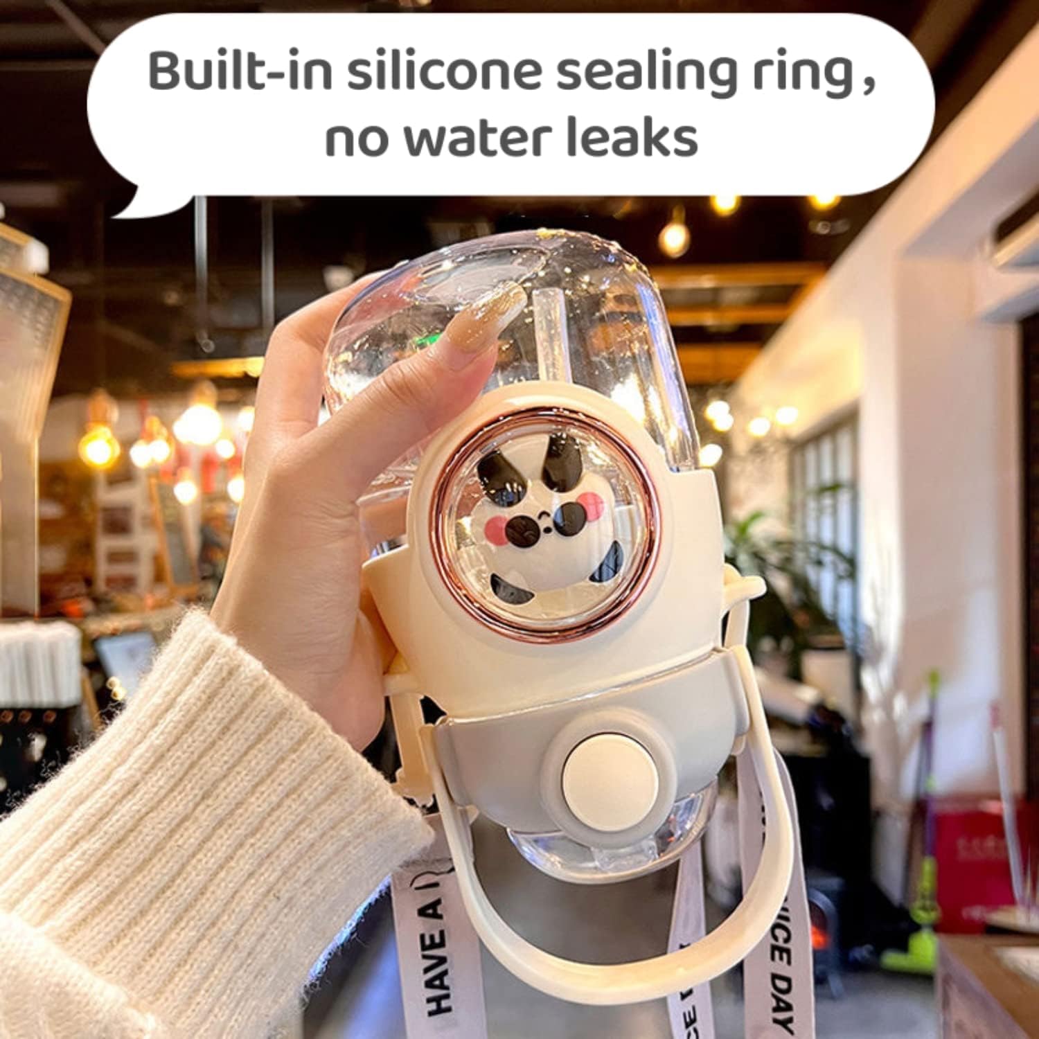 LEJN 28 oz Water Bottle Kawaii with Adjustable Shoulder Strap for Summer Cold Water Chill Portable Leakproof BPA-free Cartoon Children Cup Traveling Hiking Camping (White820ml) - Image 4