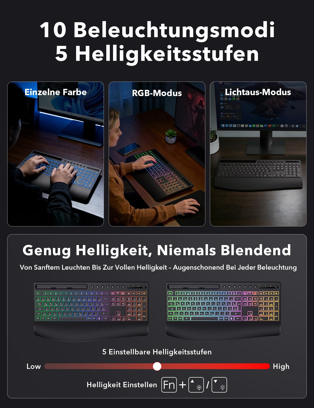 Tastatur Maus Set kabellos Beleuchtete, Wiederaufladbare Tastatur mit 4000 mAh Akku, Telefonhalter, Leise Tippen in Voller Größe, 3 DPI Maus, 2,4GHz USB-A/USB-C für Chrome OS/Window/PC- KM22 Ultra