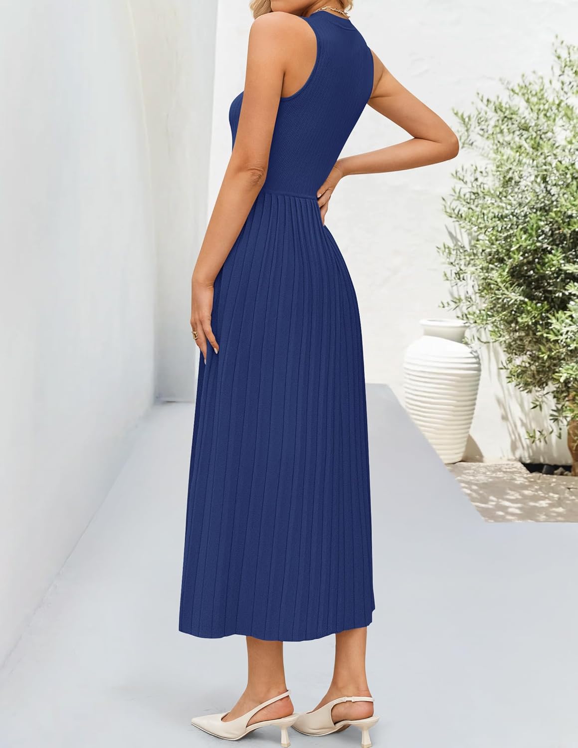 ZESICA Women's 2026 Summer Sleeveless Midi Dresses Casual Crewneck Ribbed Knit Pleated A Line Swing Long Party Dress - Image 4