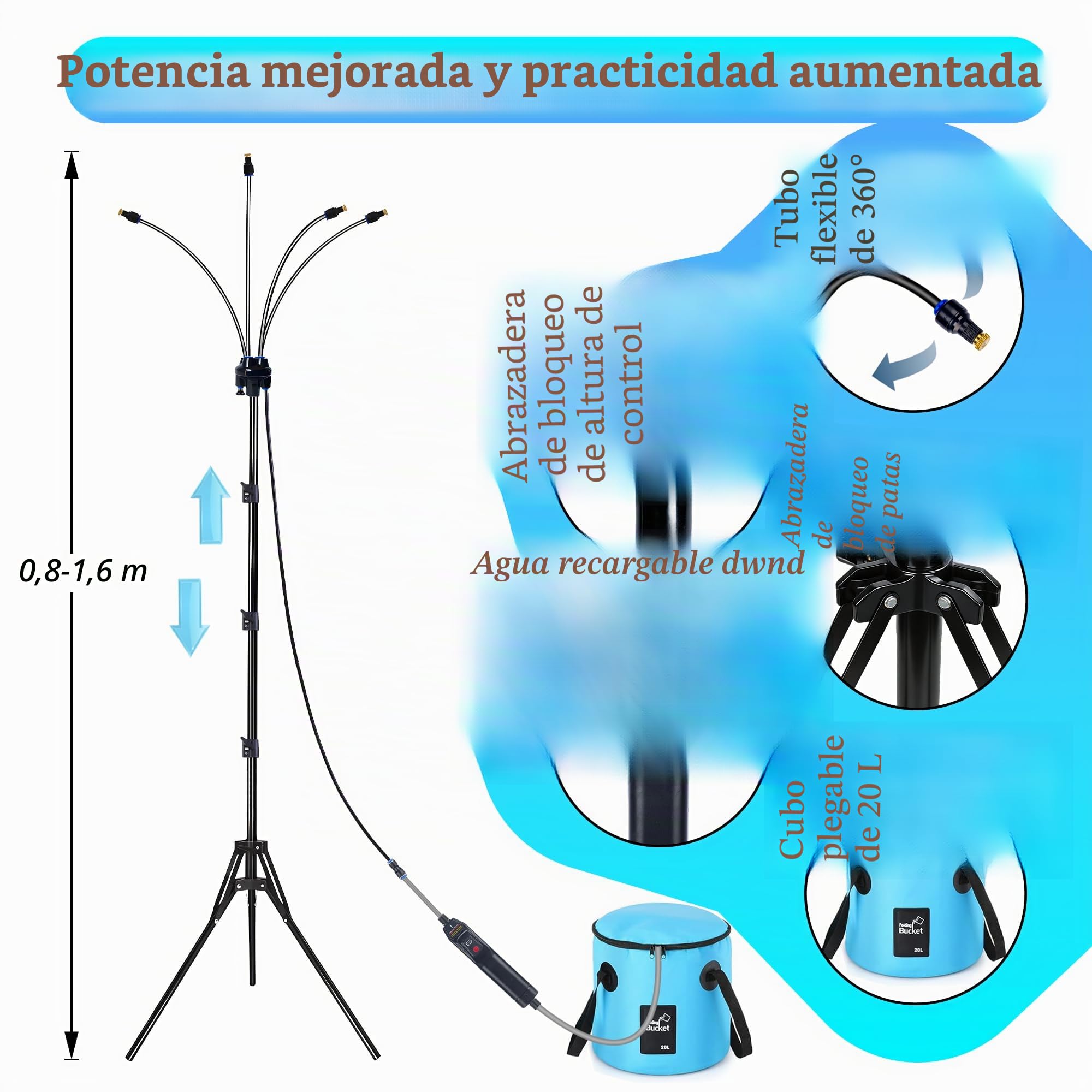 Pulverizadores de pie para patio exterior, sistema de nebulización de altura ajustable de 5.3 pies con bomba de agua recargable y cubo portátil, no necesita grifo, rociador de refrigeración al aire